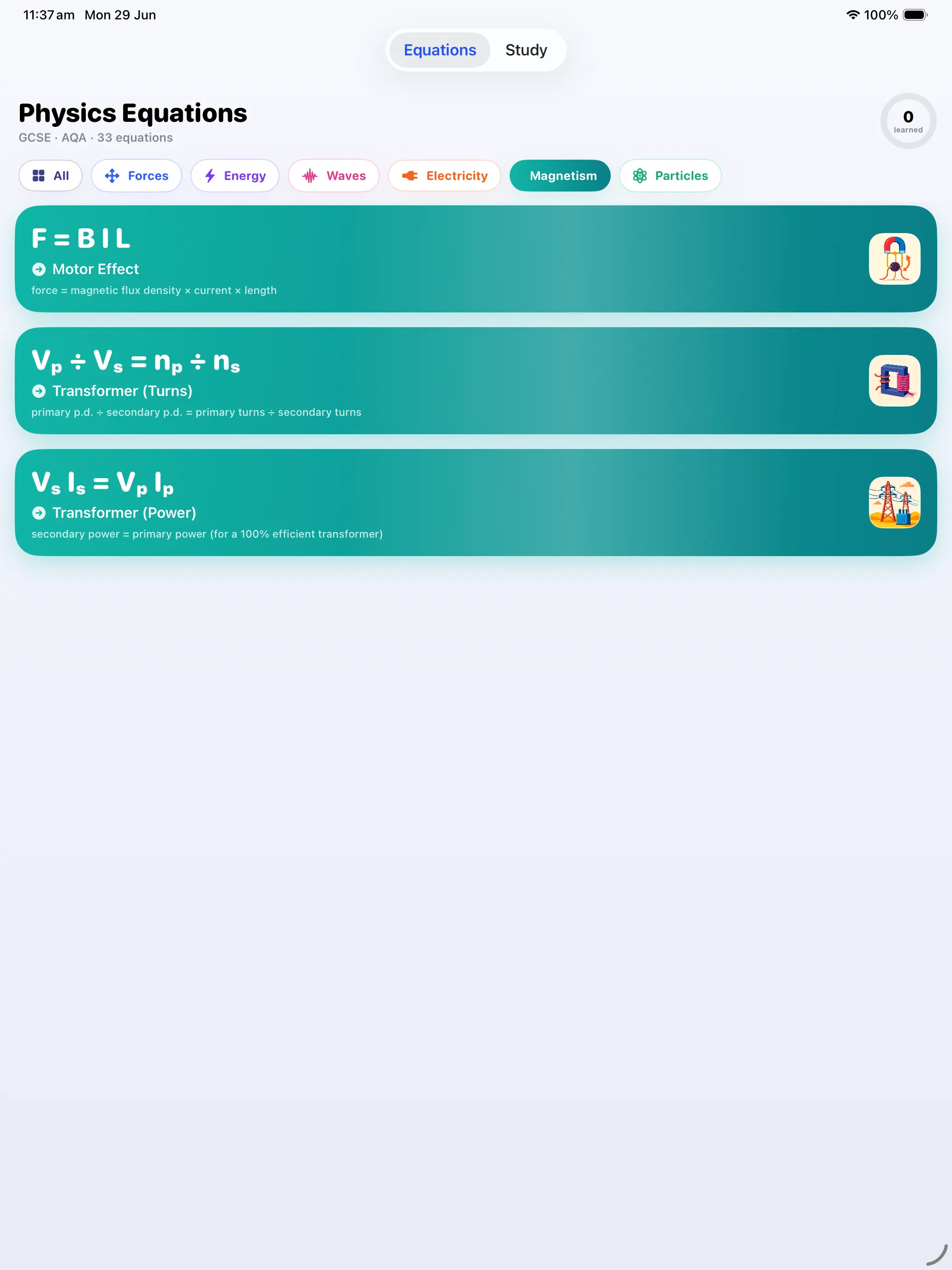 Magnetism equations — motor effect and transformers on iPad
