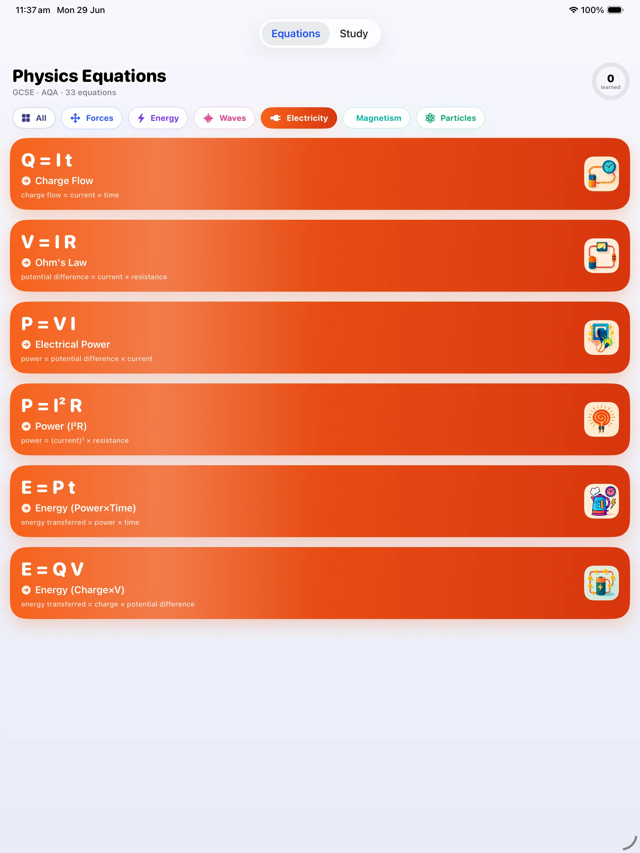 Electricity equations grid on iPad