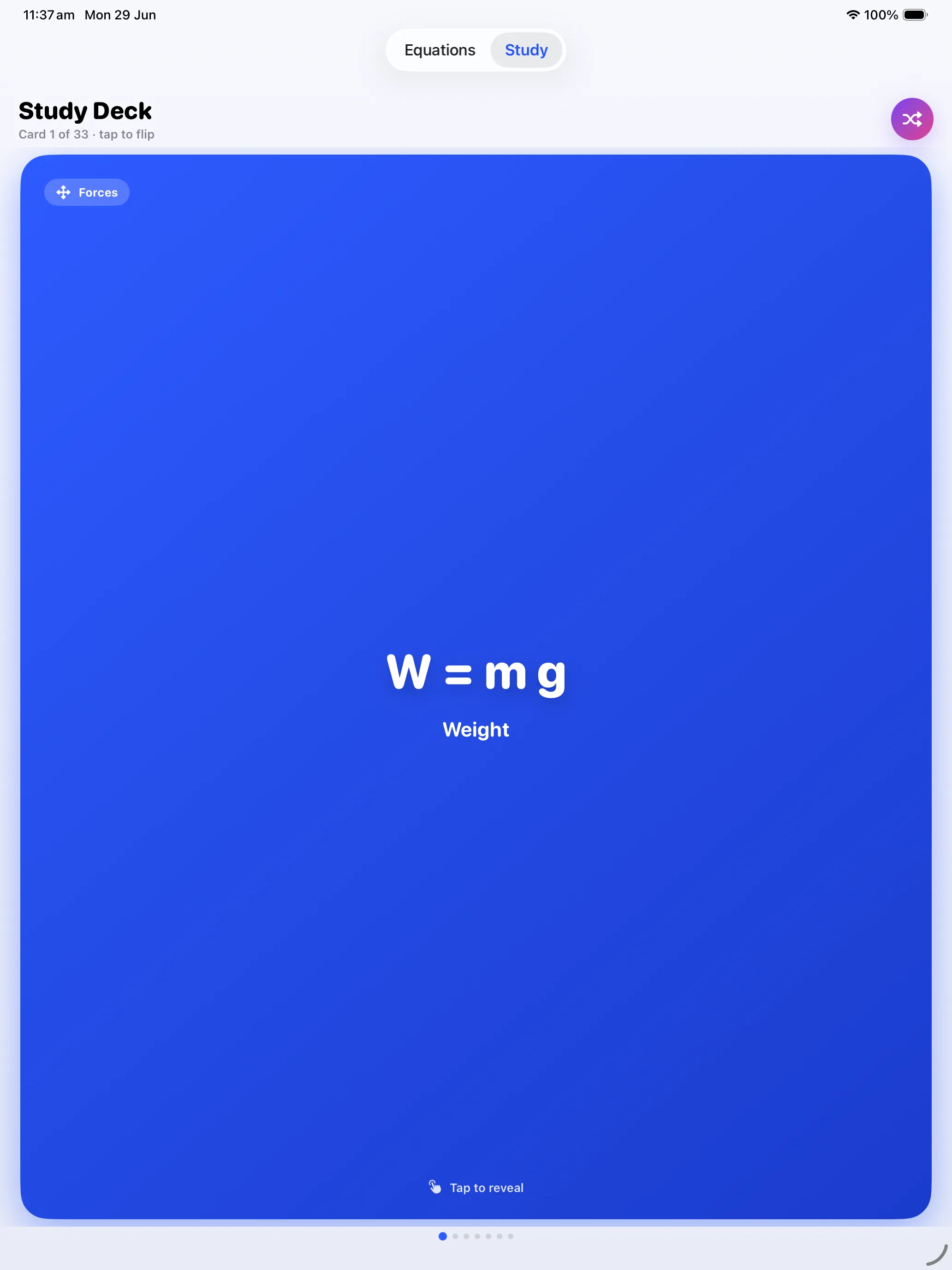 Study deck flashcard front — W=mg on iPad