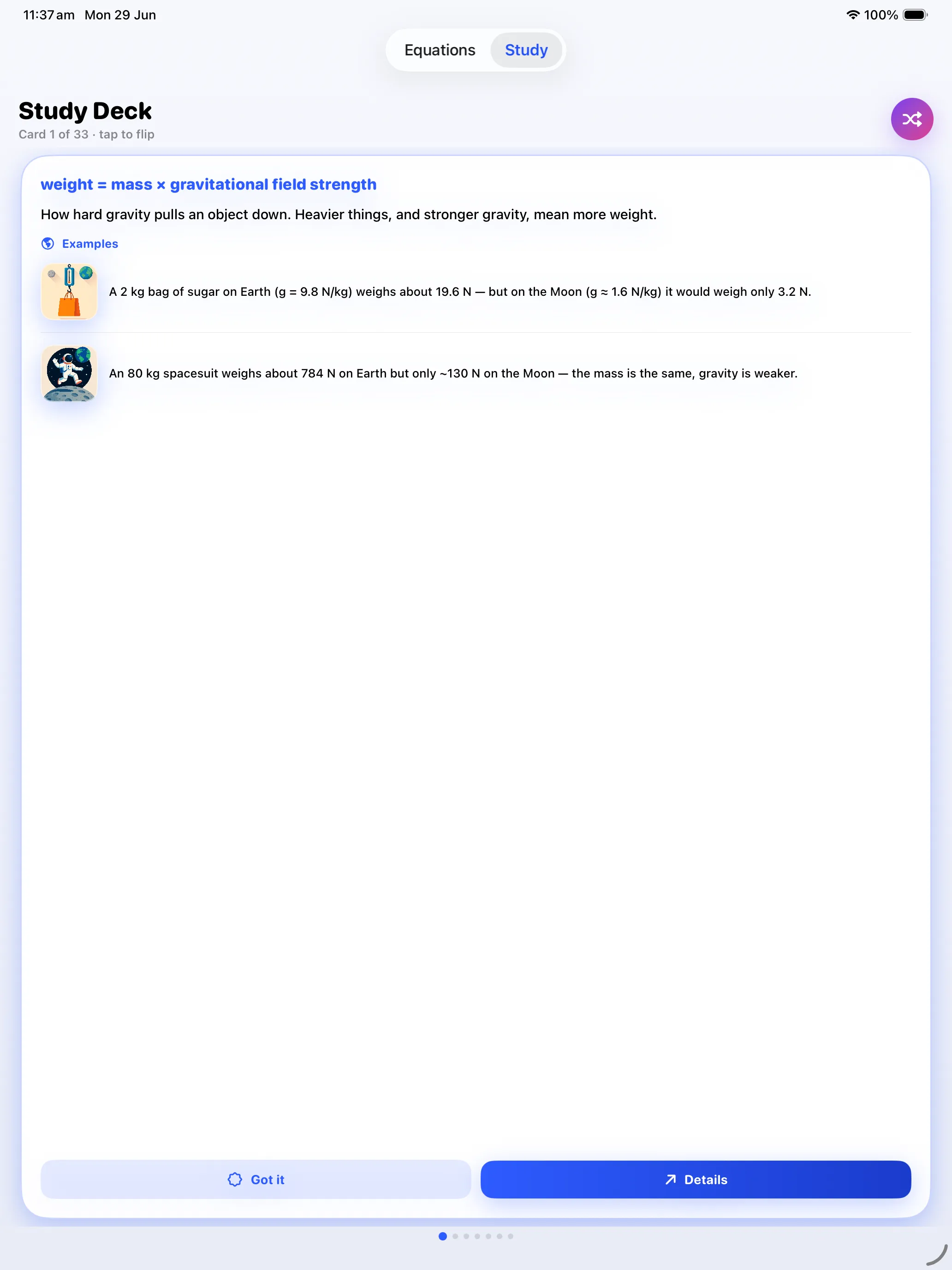 Study deck flashcard back with worked examples on iPad