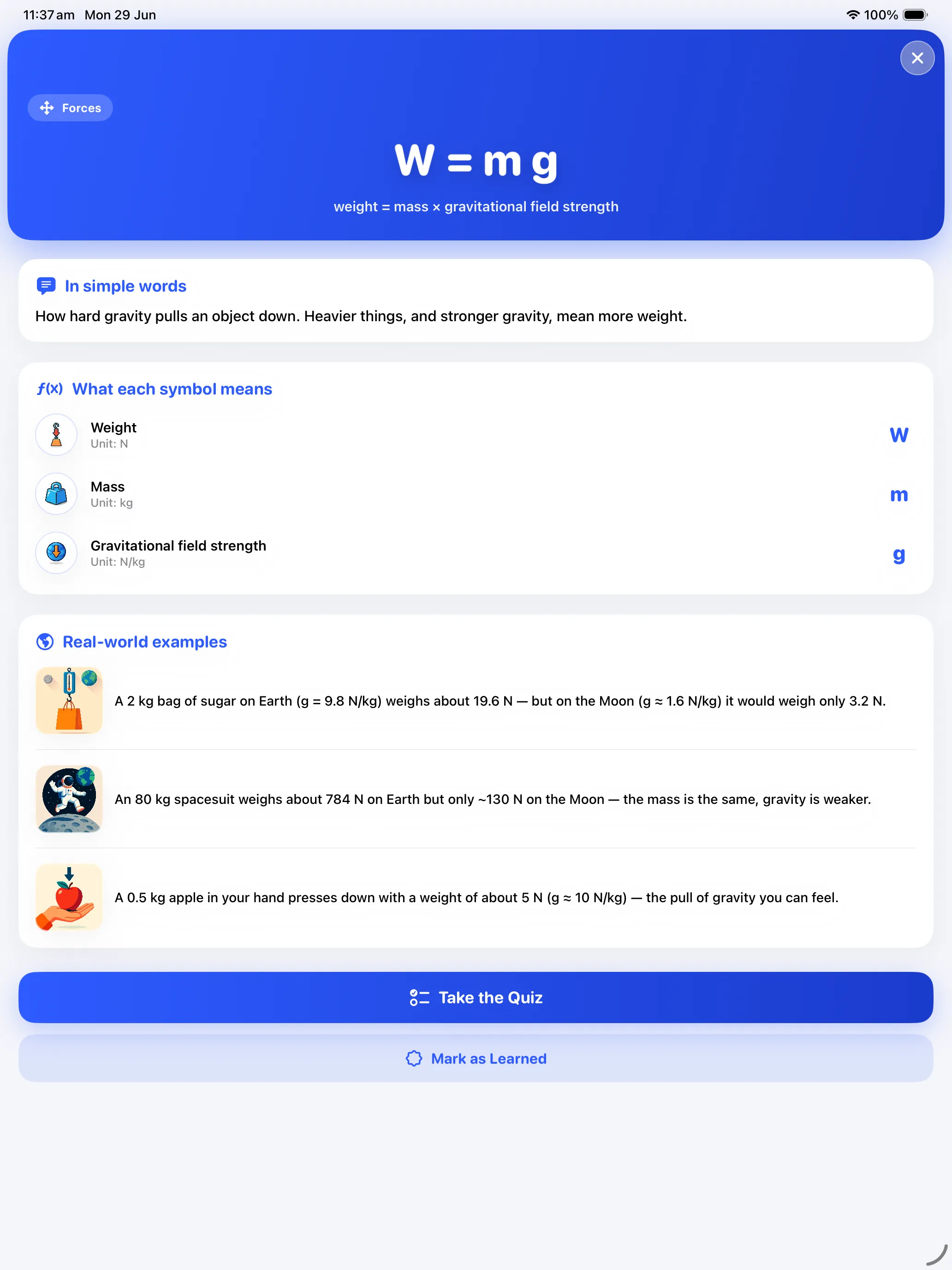 Equation detail — weight equation with symbols, units and examples on iPad