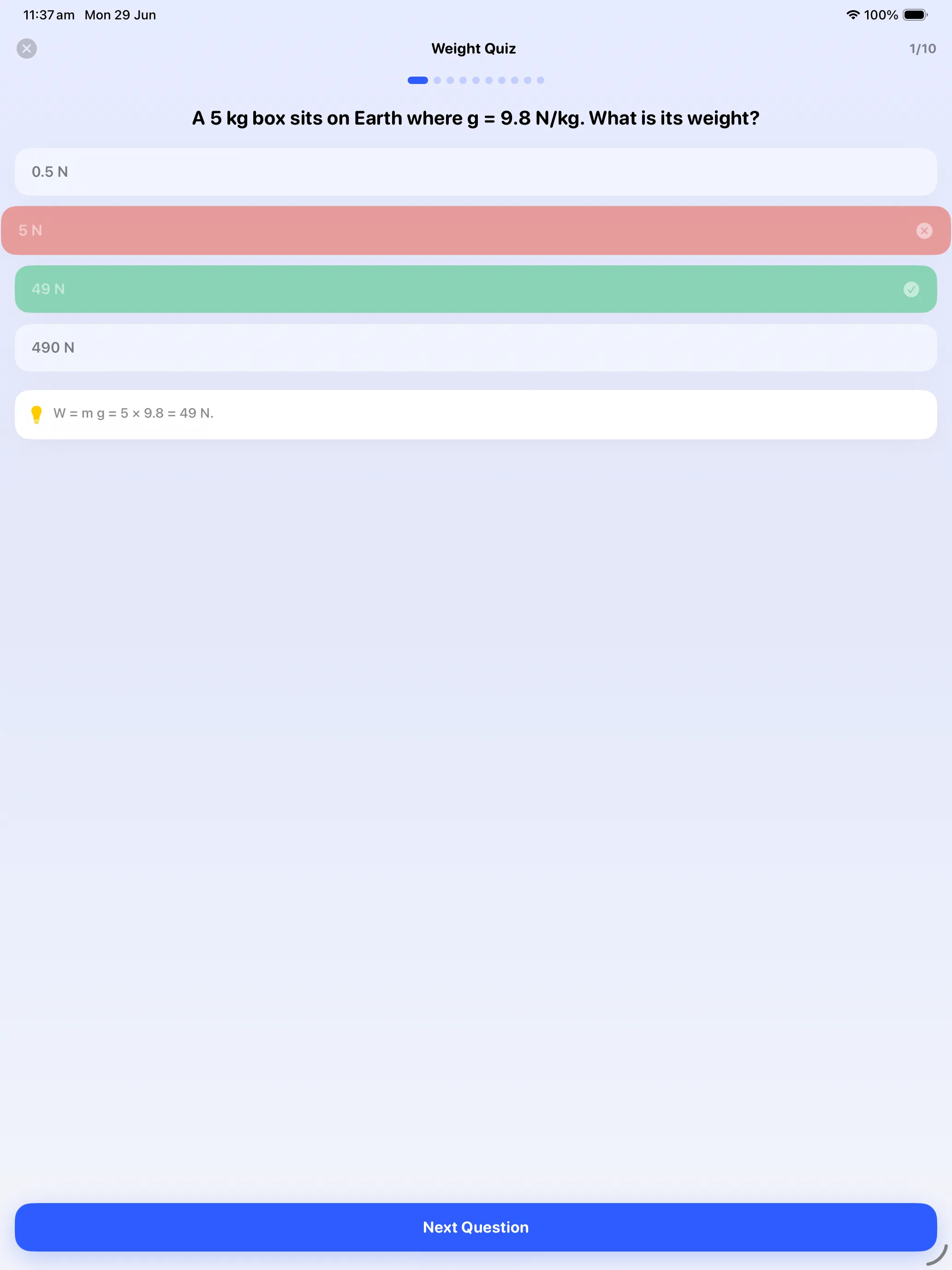 Weight quiz with answer feedback on iPad