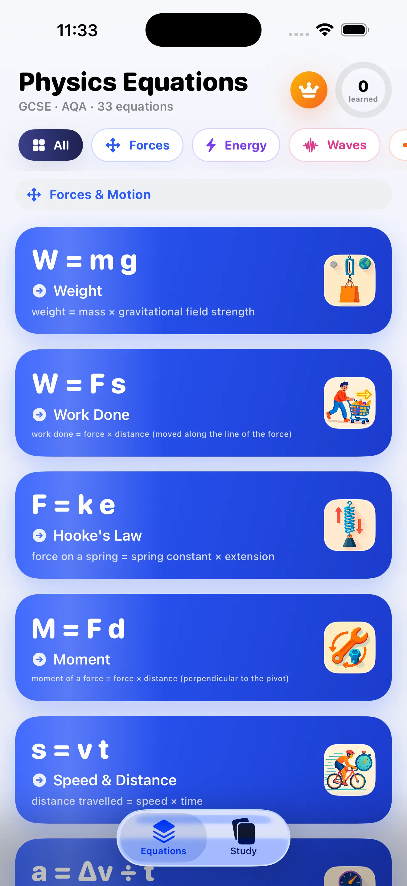 GCSE Physics equation sheet — Forces & Motion equation cards on iPhone