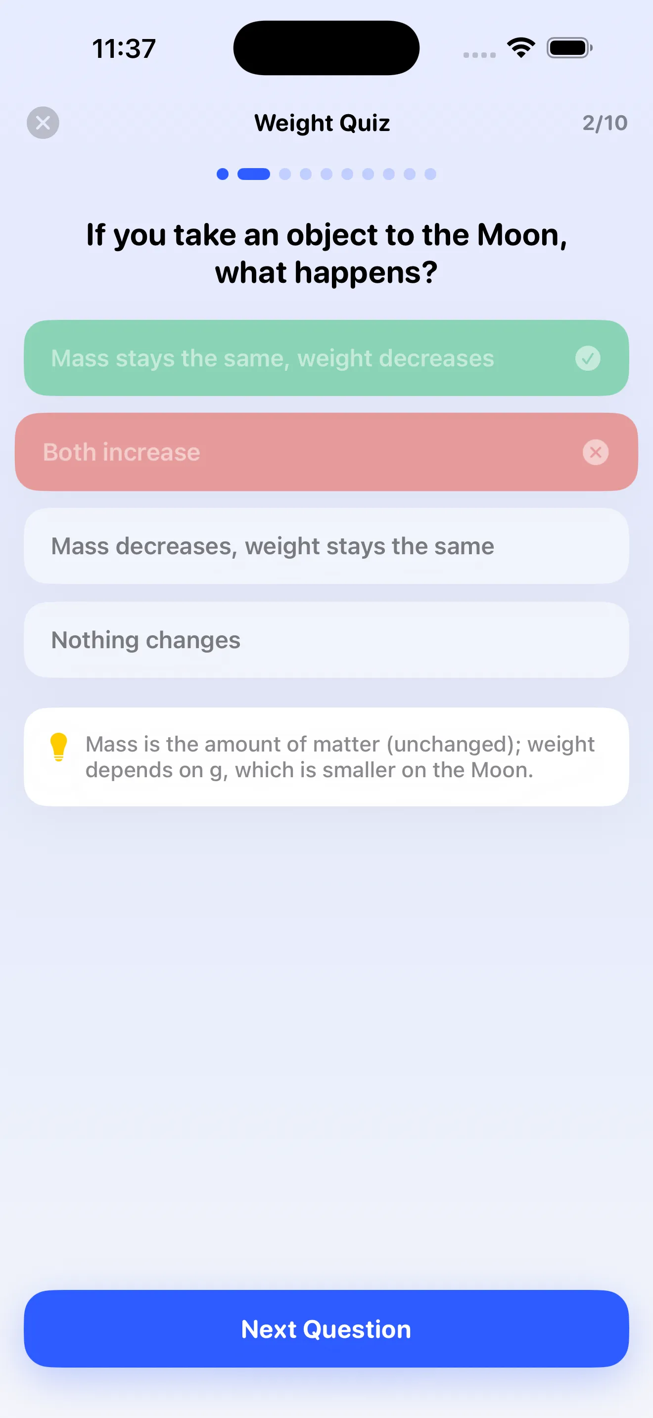Quiz with instant feedback and explanation on iPhone