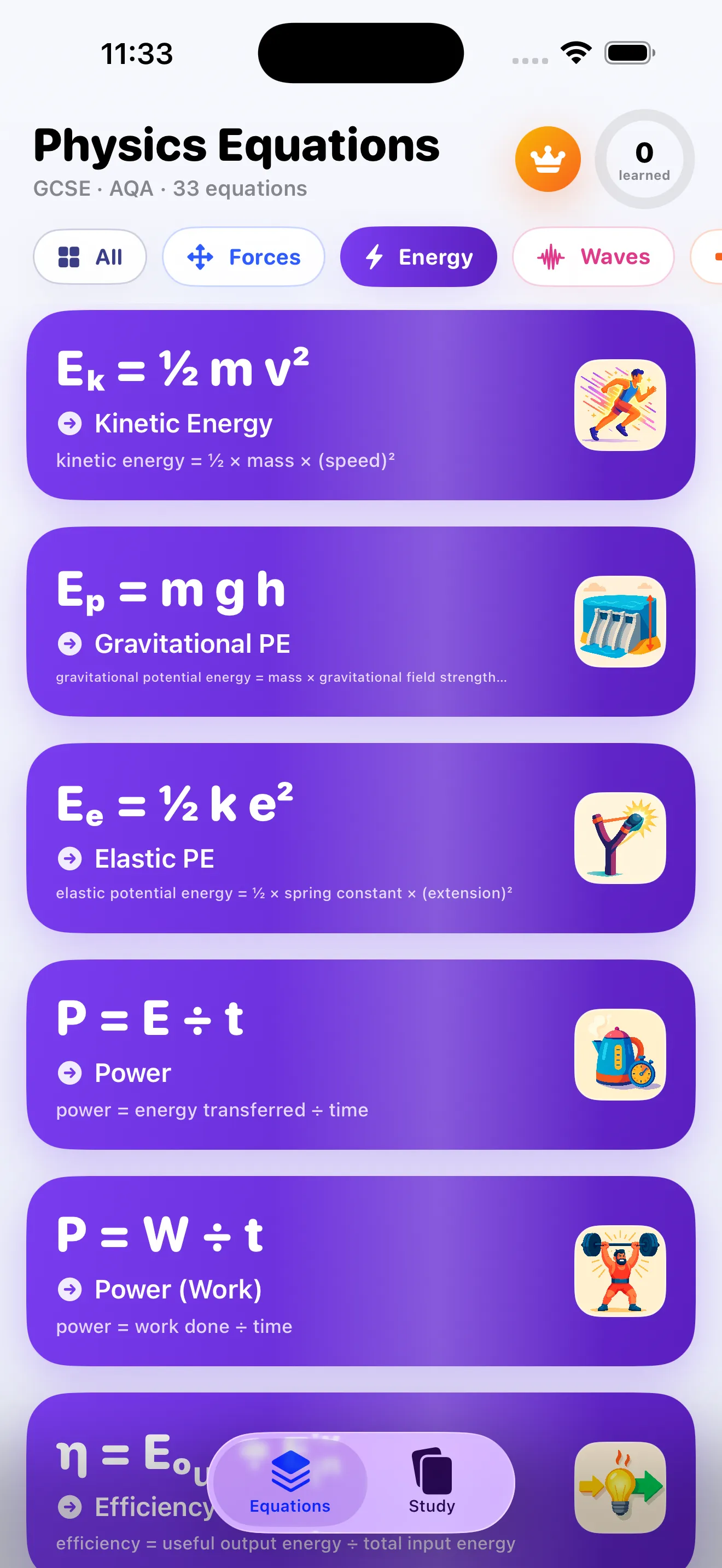 Energy equations including kinetic and potential energy on iPhone