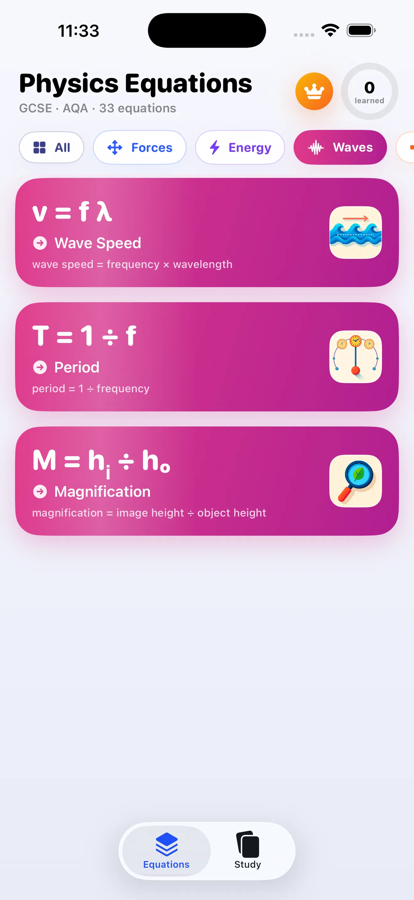 Waves equations — wave speed, period and magnification on iPhone