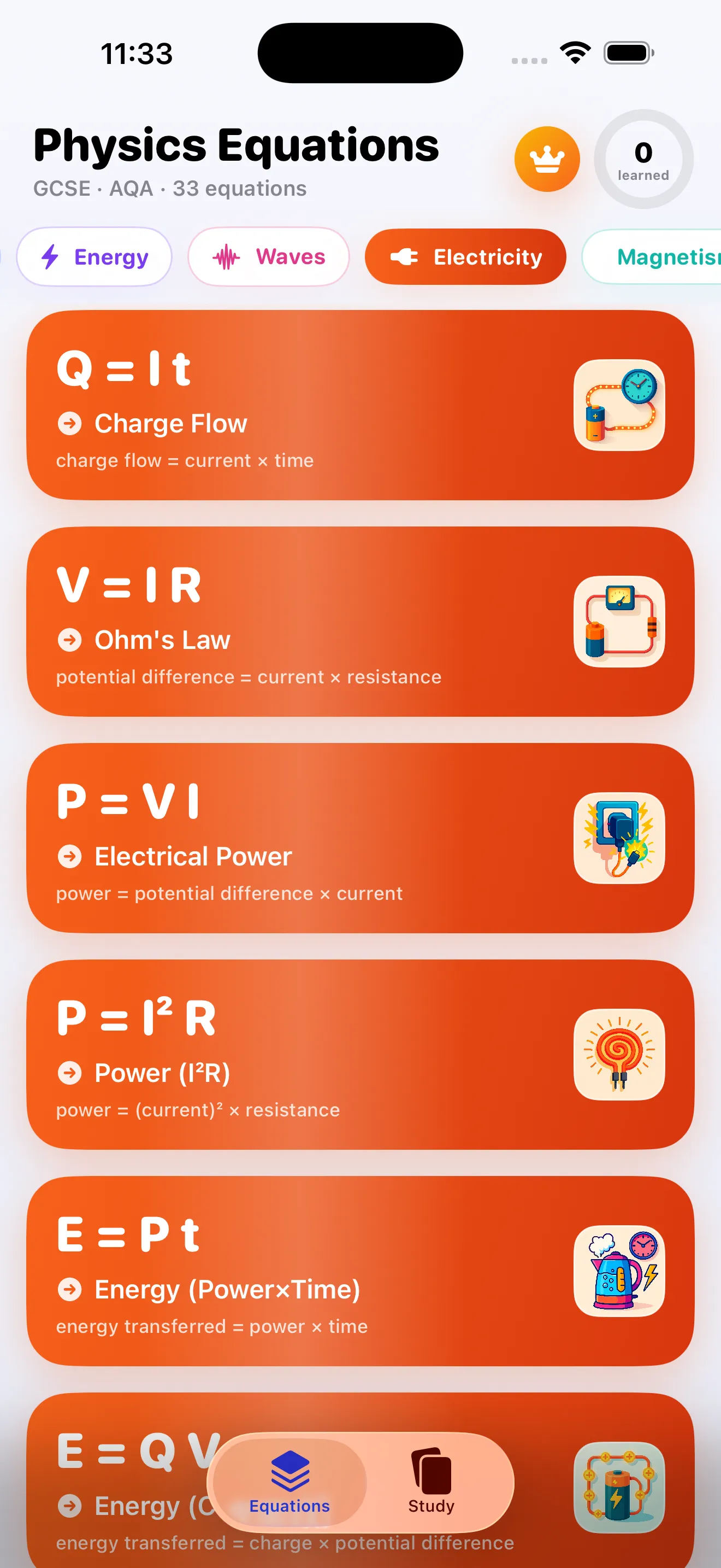 Electricity equations — Ohm's law and electrical power on iPhone