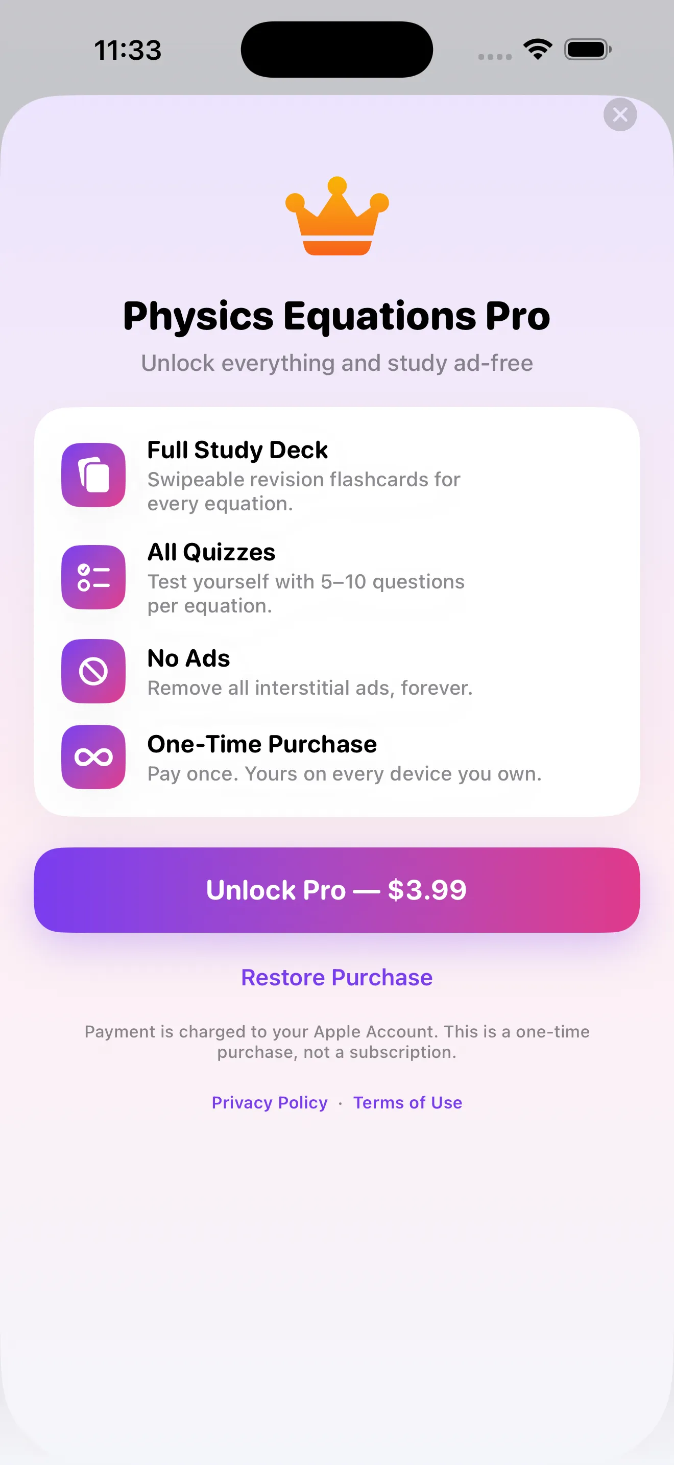 Physics Eq Pro unlock screen — £3.99 one-time purchase