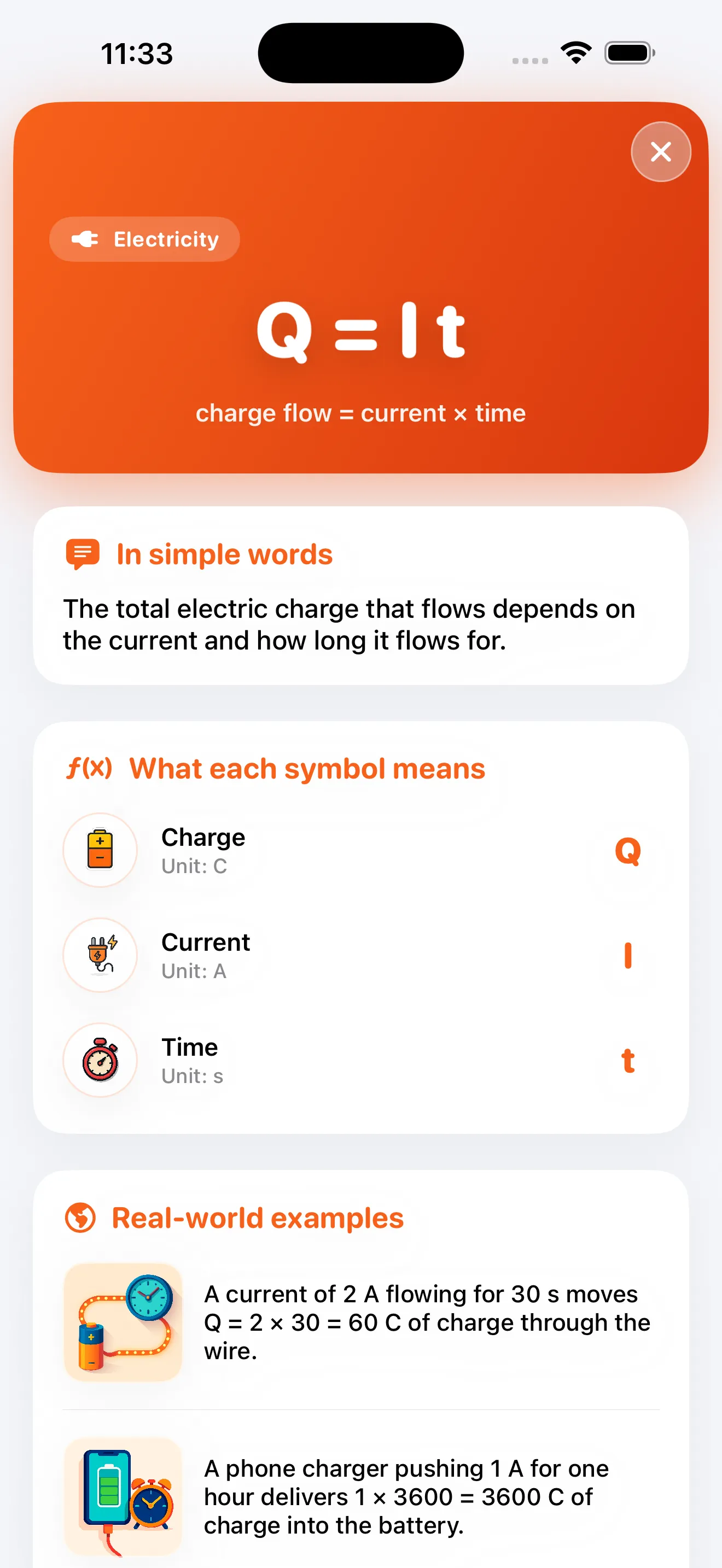 Equation detail — charge flow Q=It with symbols and worked examples