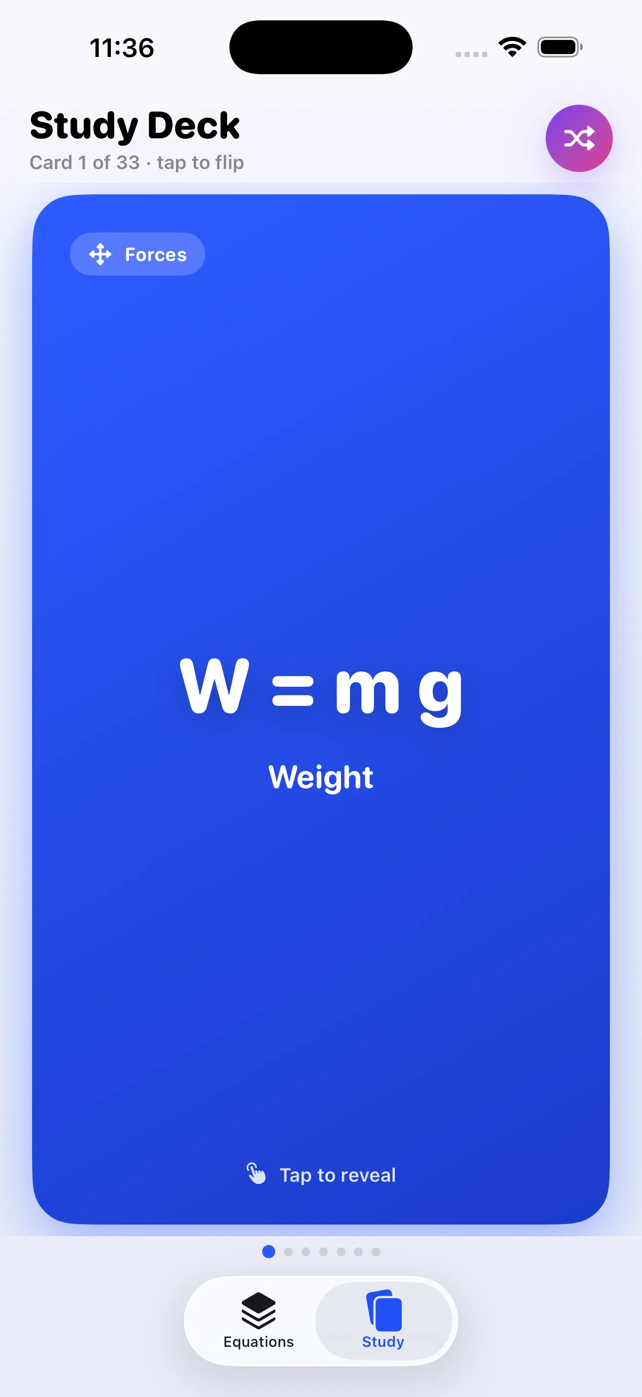 Study deck flashcard front — W=mg weight equation