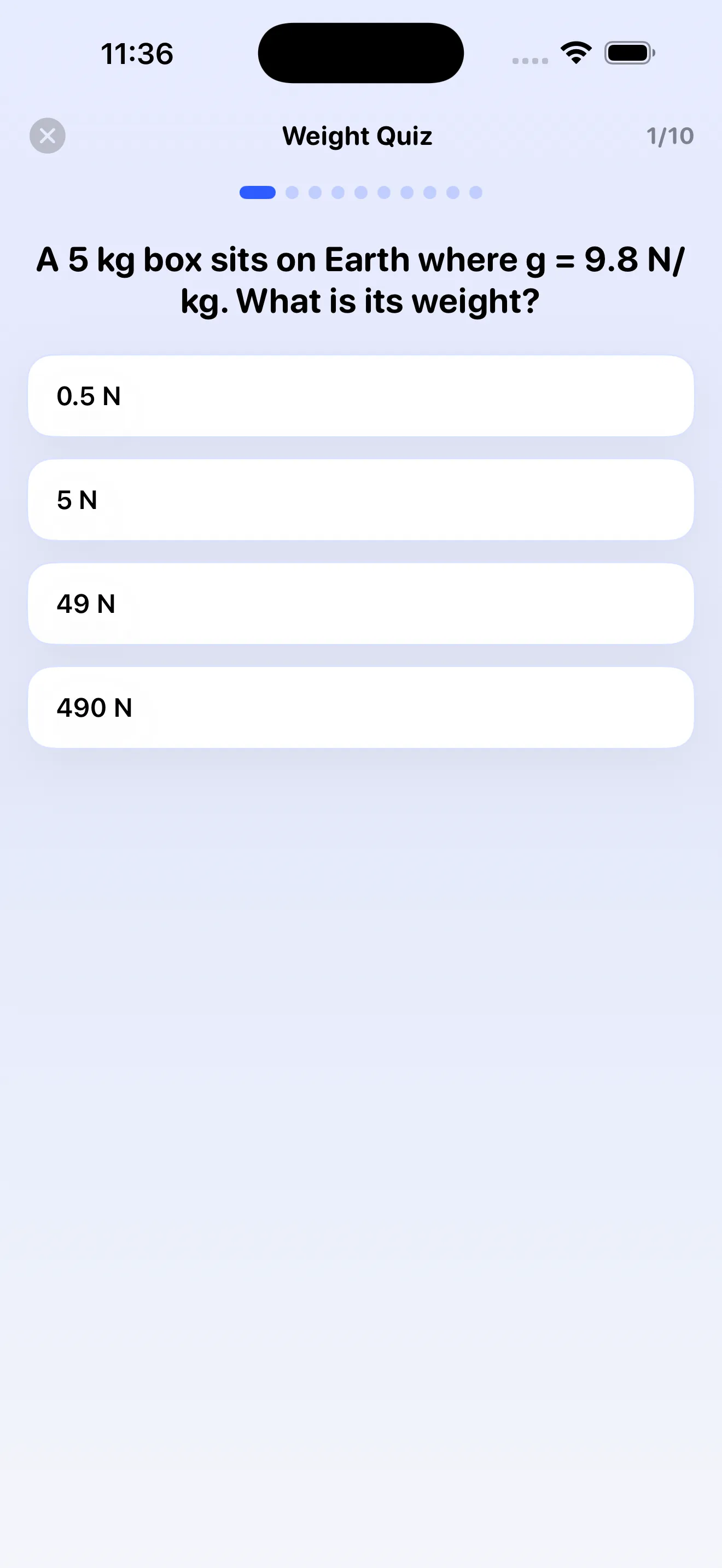 Weight quiz multiple-choice question on iPhone