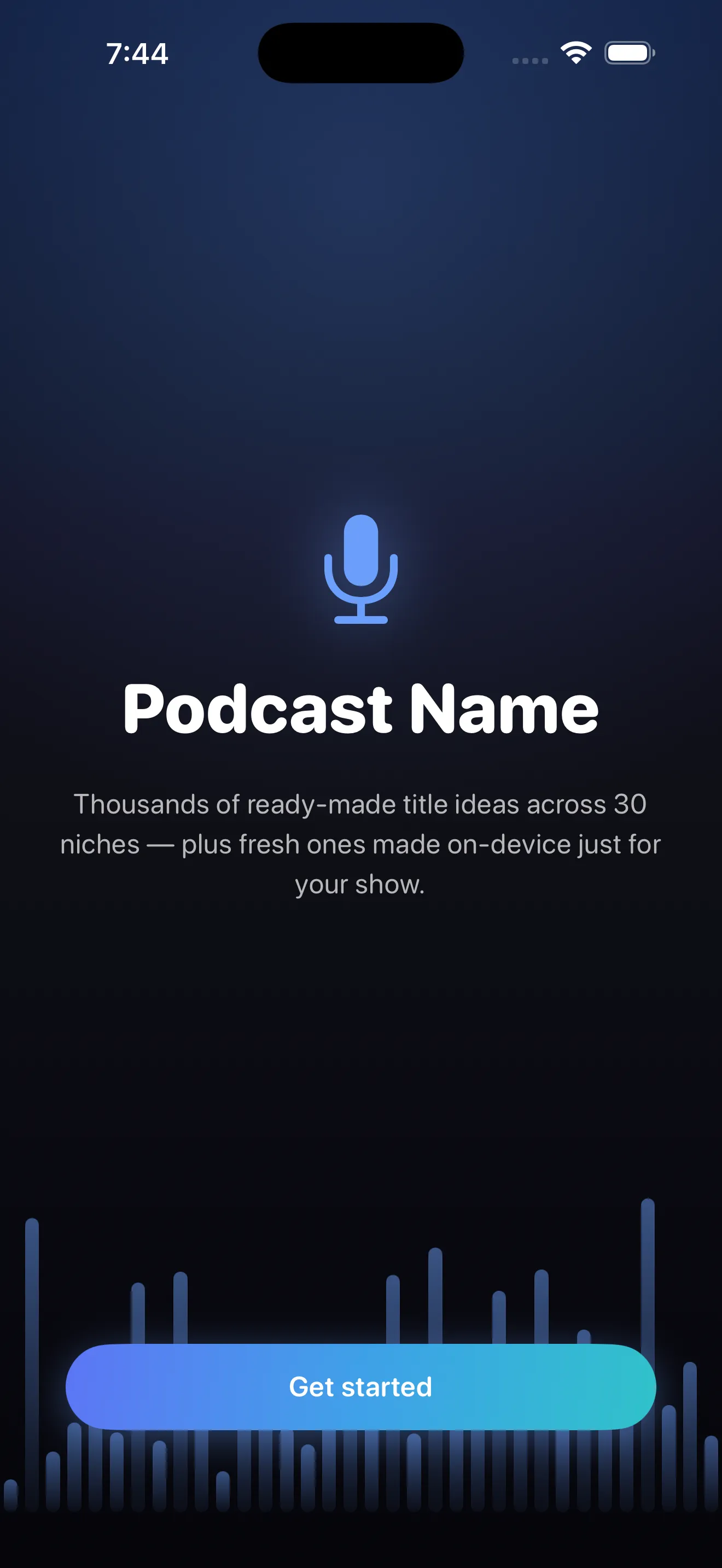 Podcast Name welcome screen with a glowing microphone — thousands of ready-made title ideas across 30 niches