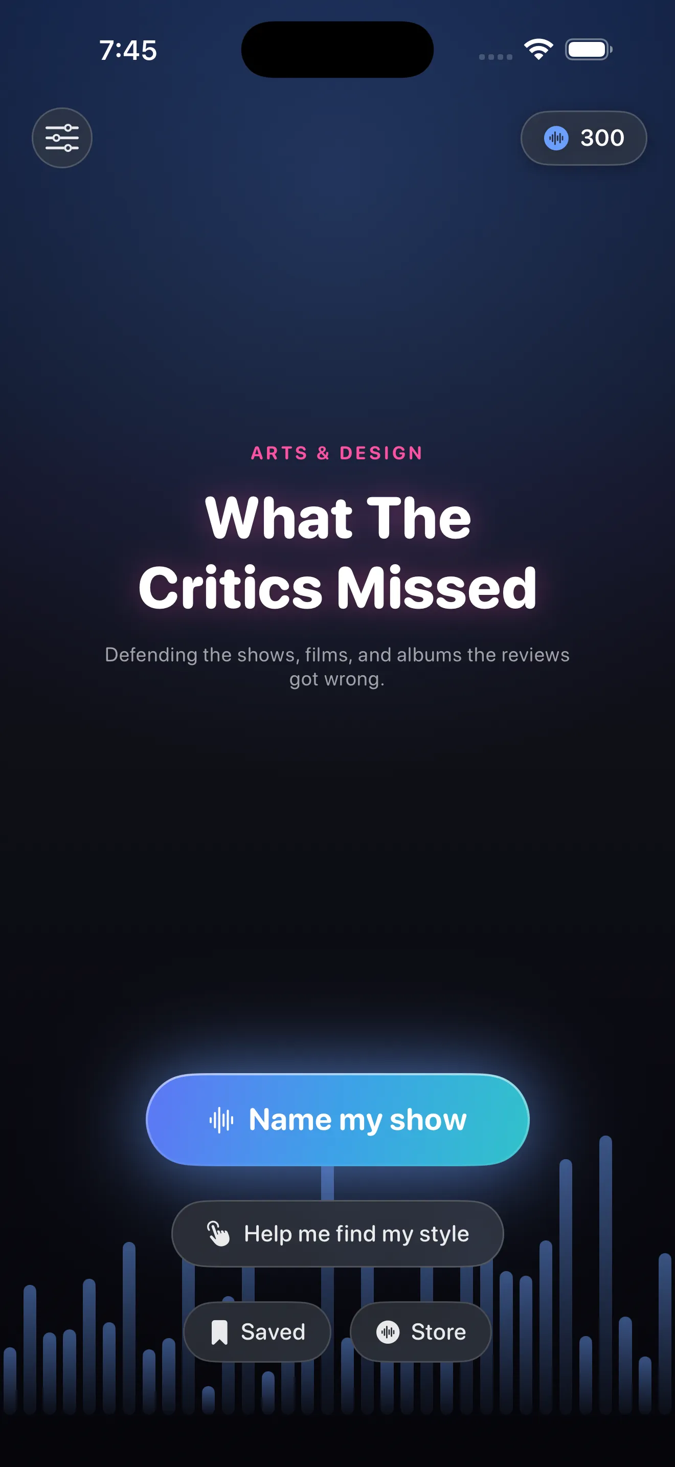 Home screen showcasing the name What The Critics Missed with its tagline, plus Name my show and Help me find my style buttons