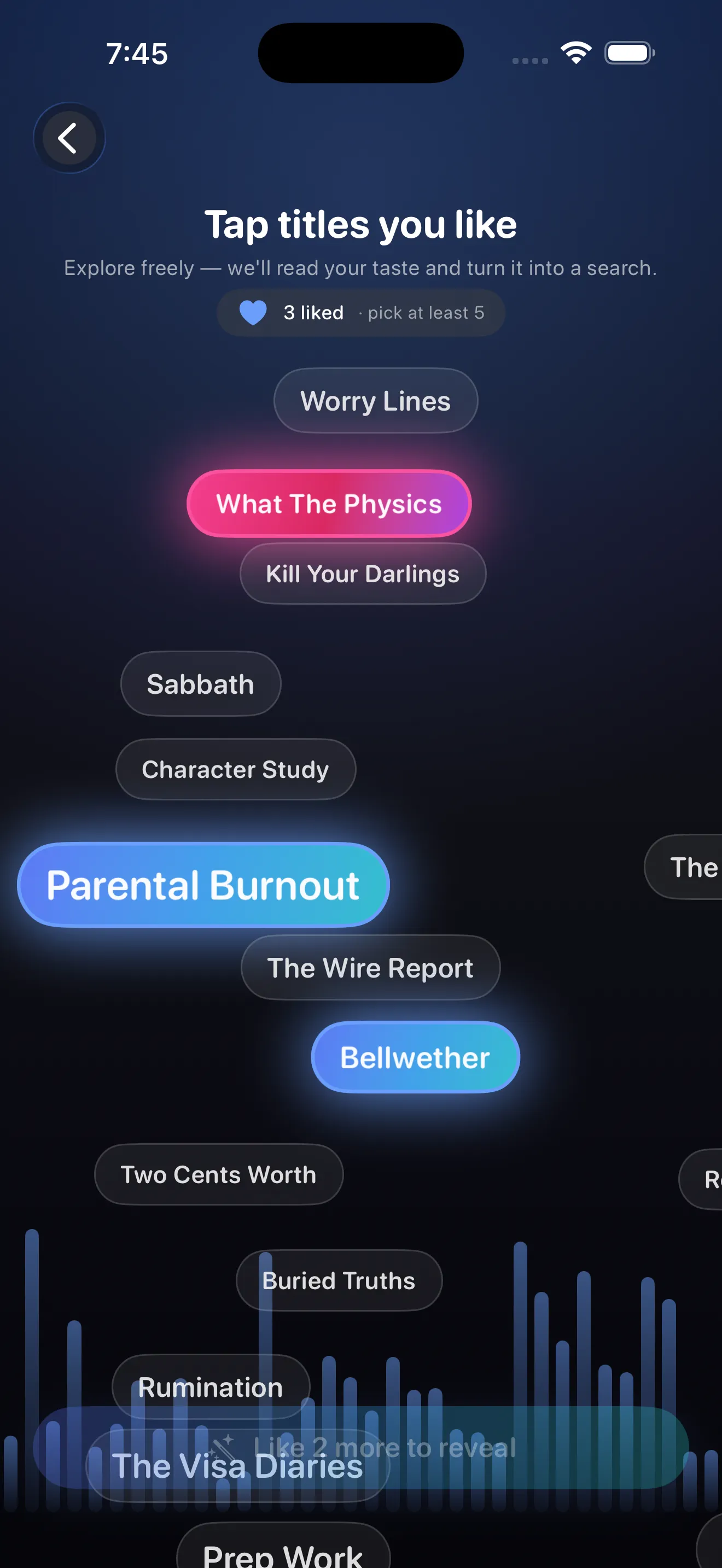 Style discovery — tap floating titles you like and the app reads your taste