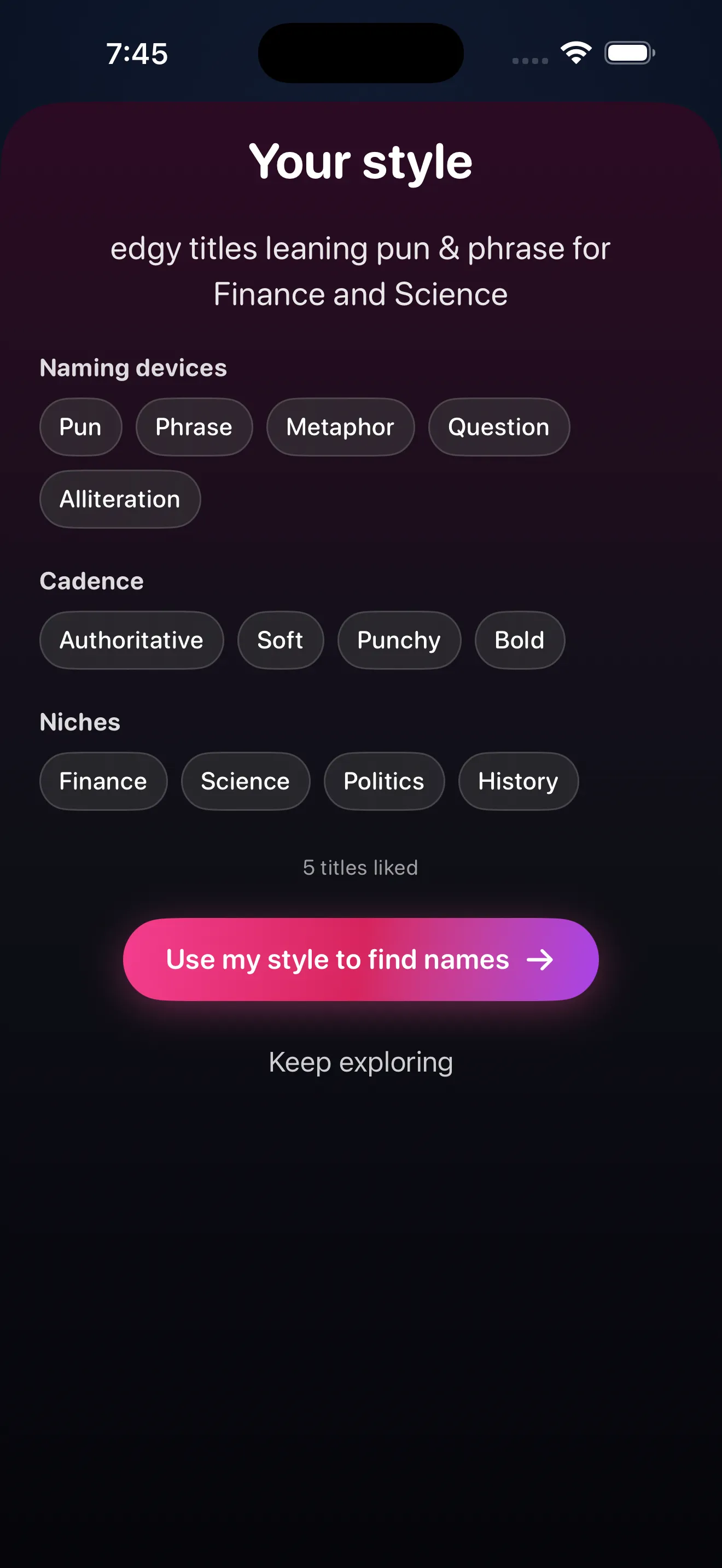 Your style summary showing your naming devices, cadence and niches with a Use my style to find names button