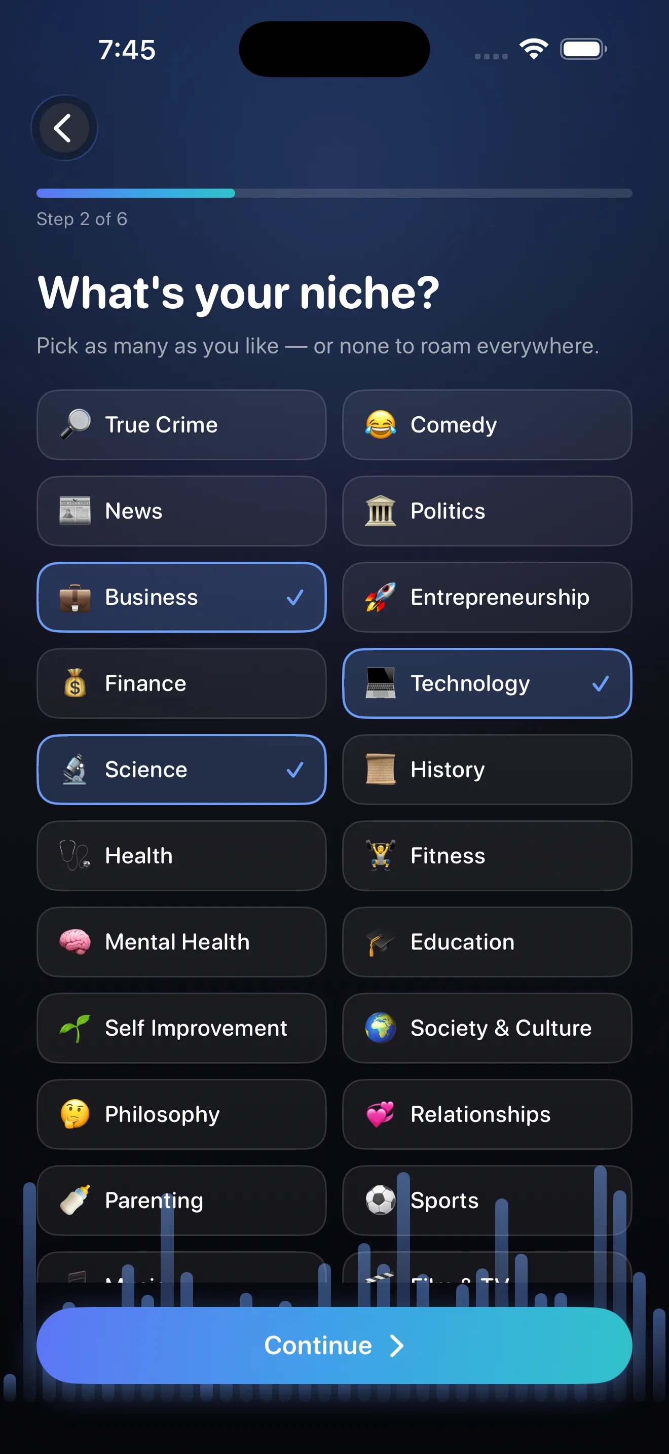 Wizard step 2 of 6 — What's your niche? A grid of 30 podcast niches from True Crime to Sports