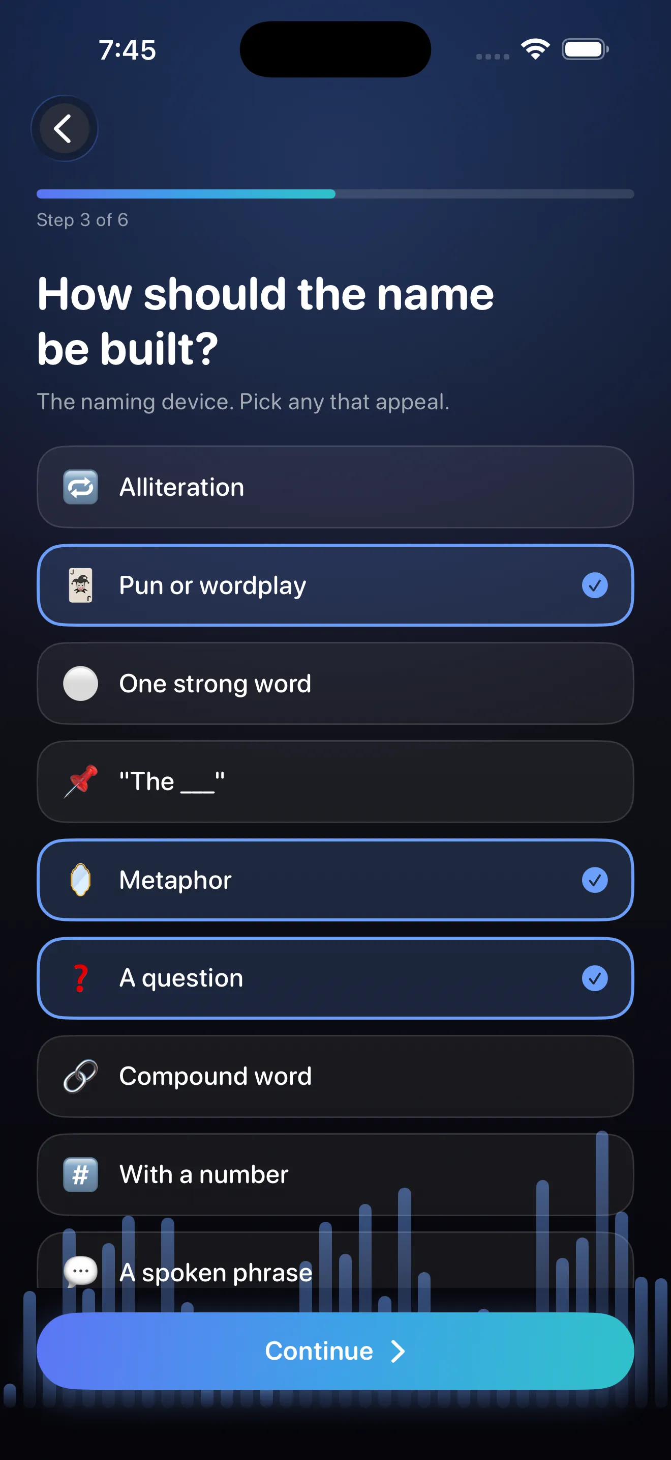 Wizard step 3 of 6 — How should the name be built? Alliteration, pun, metaphor, a question and more