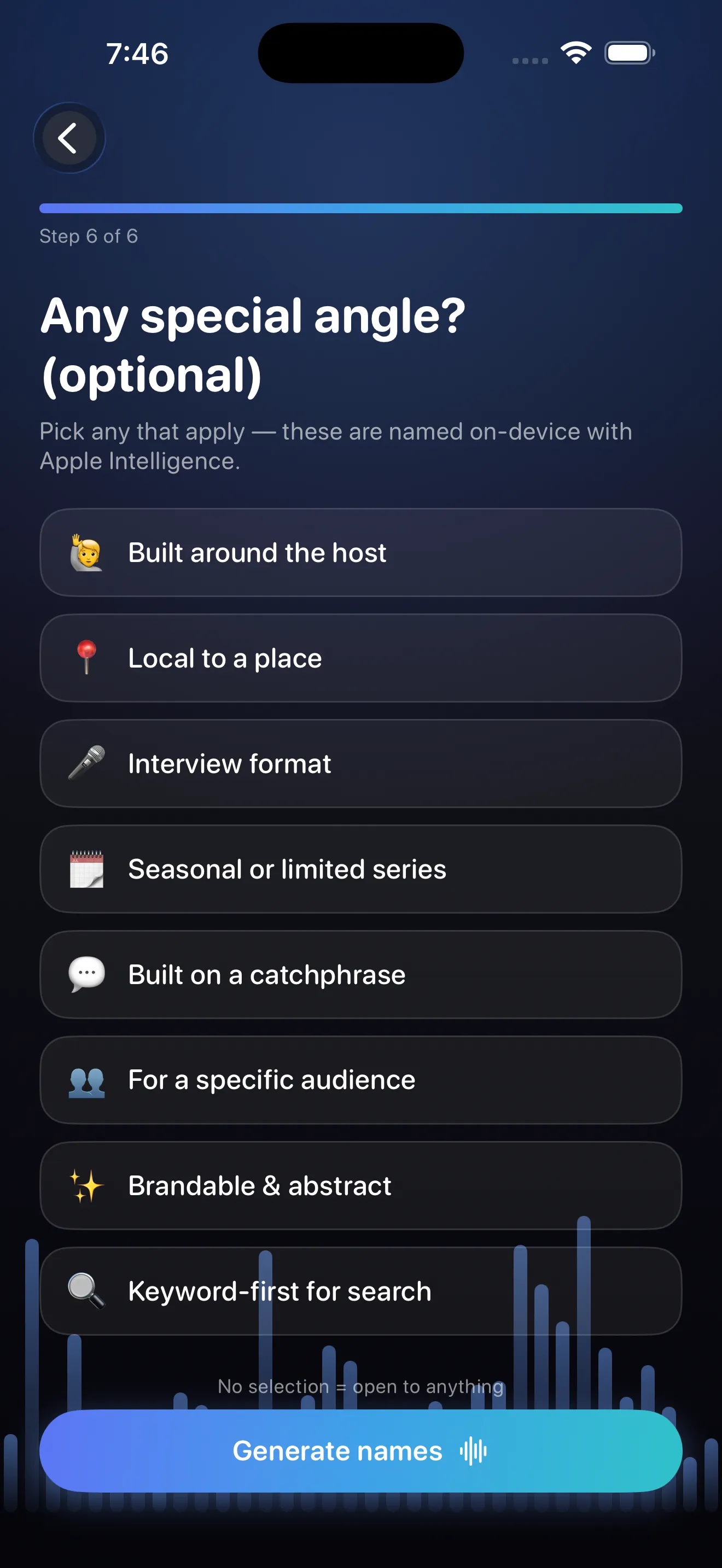 Wizard step 6 of 6 — Any special angle? Options named on-device with Apple Intelligence