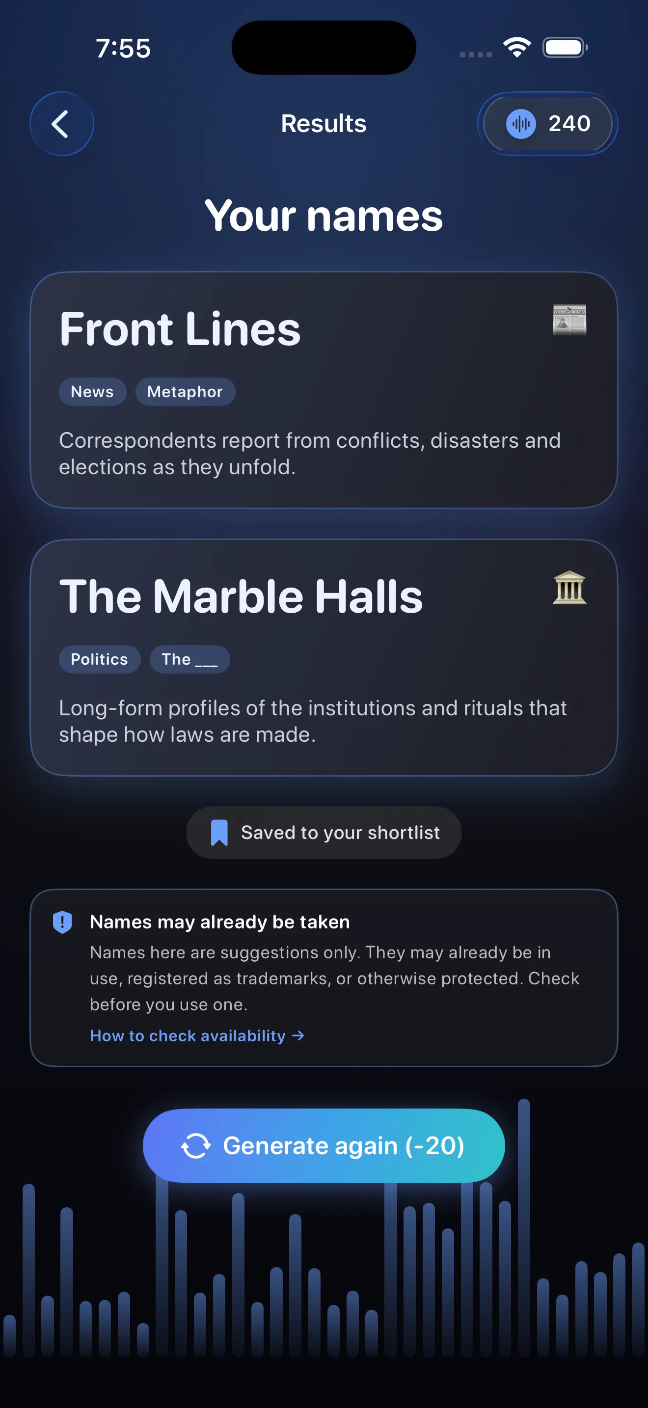 Results screen with name cards, taglines, niche tags and a Generate again button