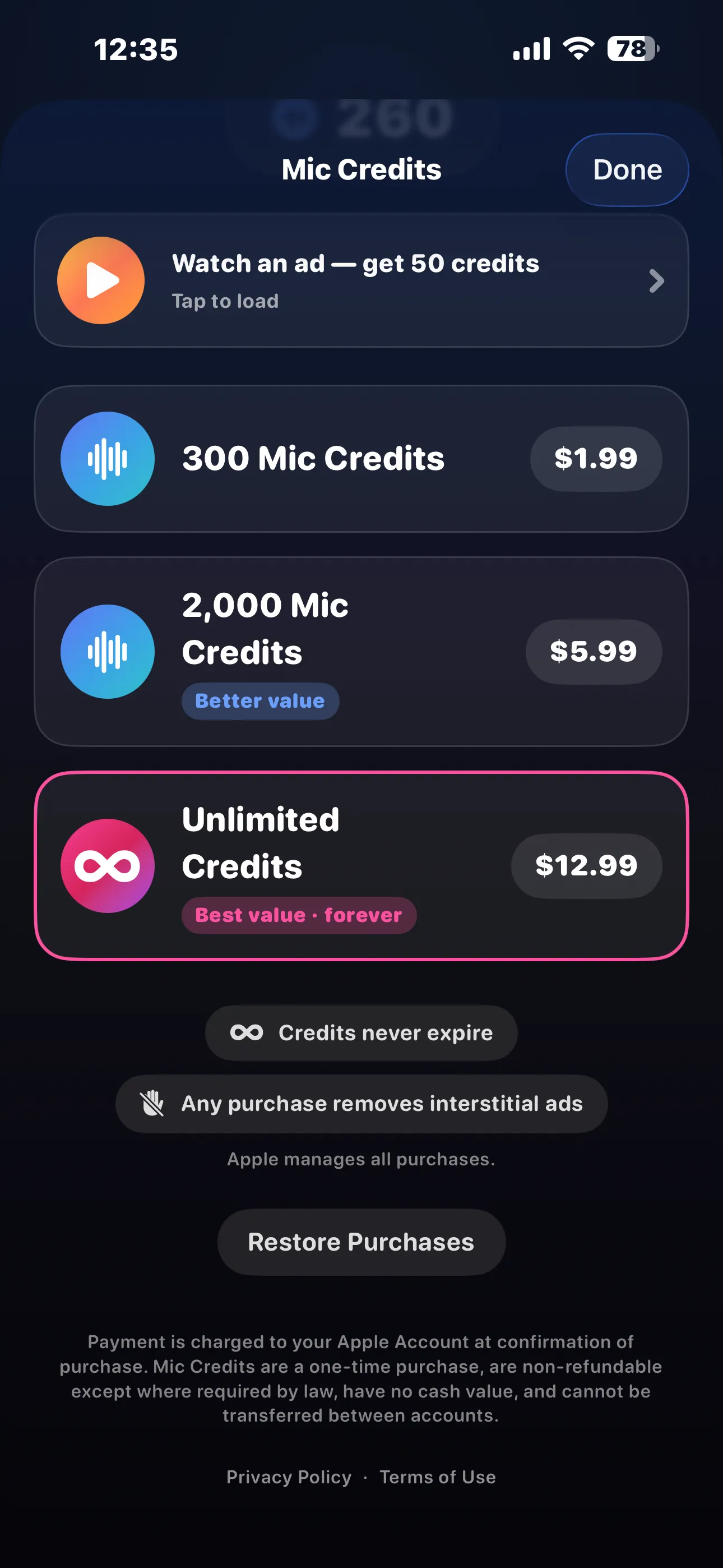 Mic Credits store — watch an ad for 50 credits, 300 for $1.99, 2,000 for $5.99 or Unlimited for $12.99