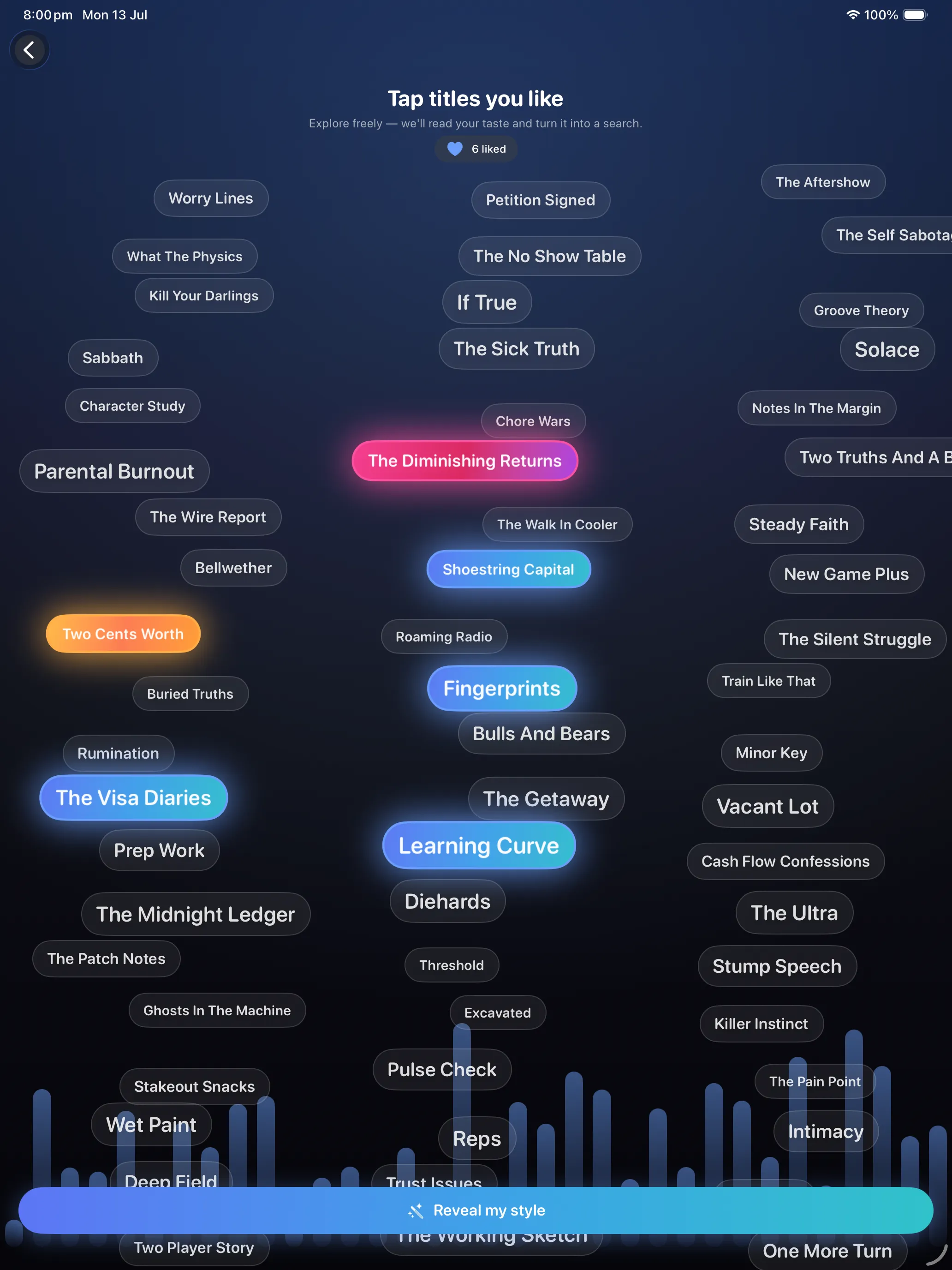 Style discovery on iPad — a full canvas of floating titles to tap and like