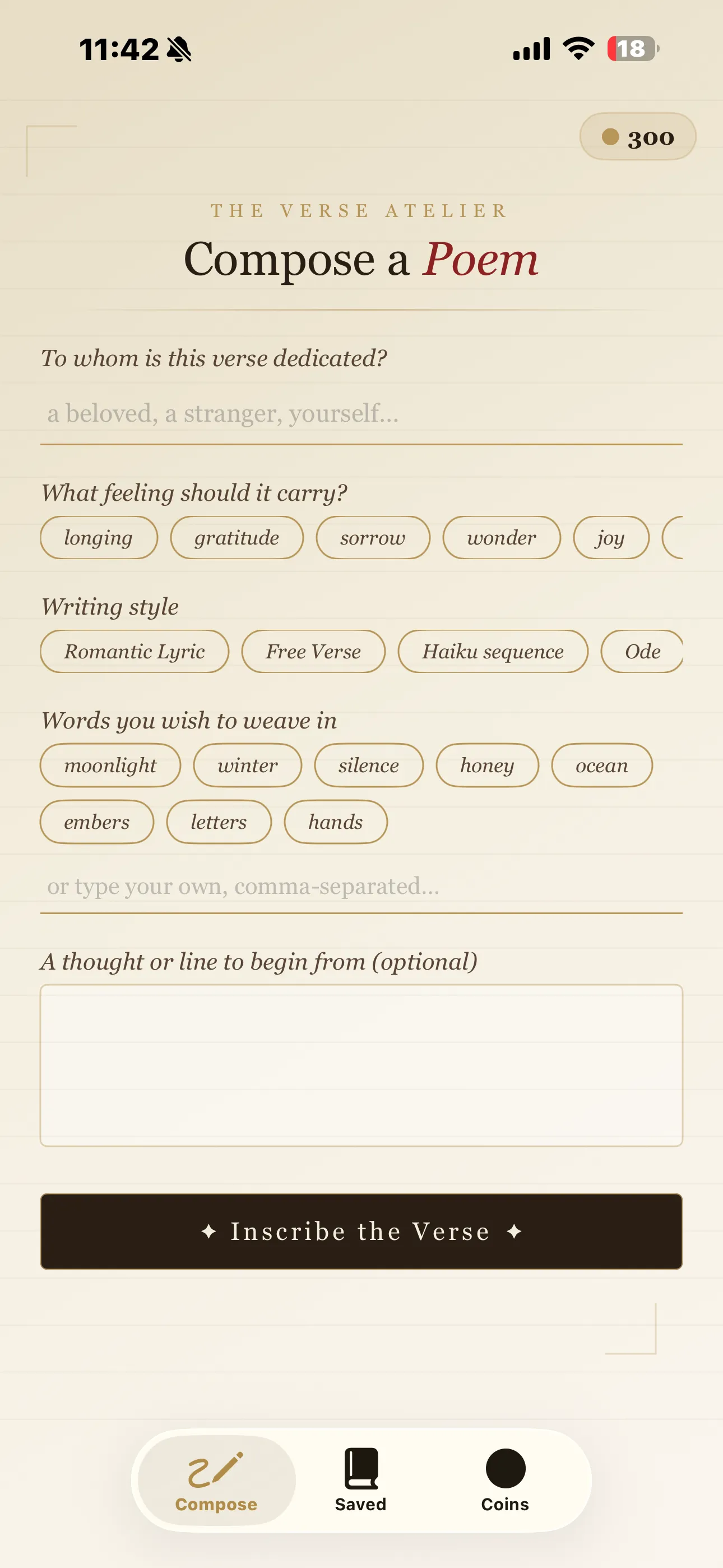 The Compose screen of AI Poem Generator, asking who the verse is dedicated to and offering feelings, writing styles and words to weave in