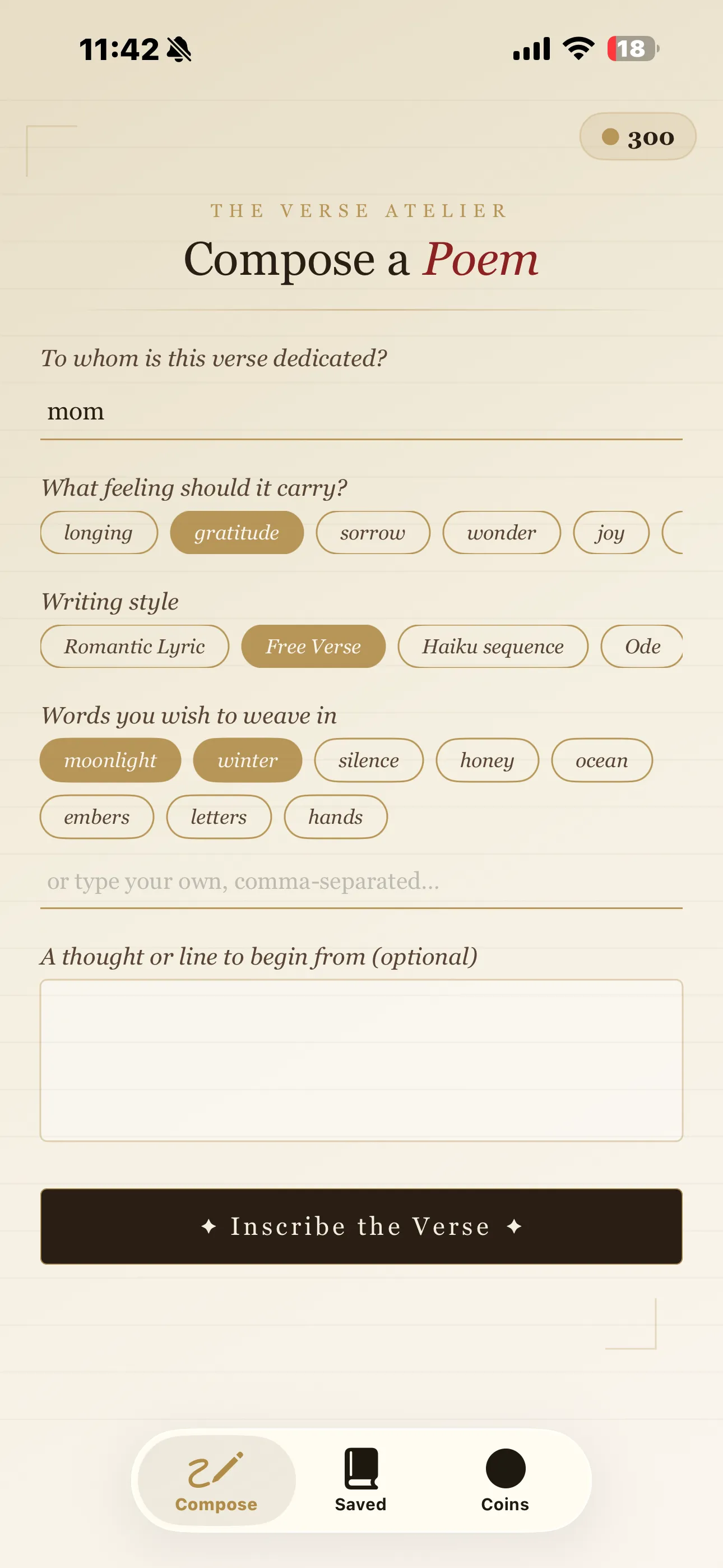 The Compose screen filled in for mom, with gratitude, Free Verse and the words moonlight and winter selected