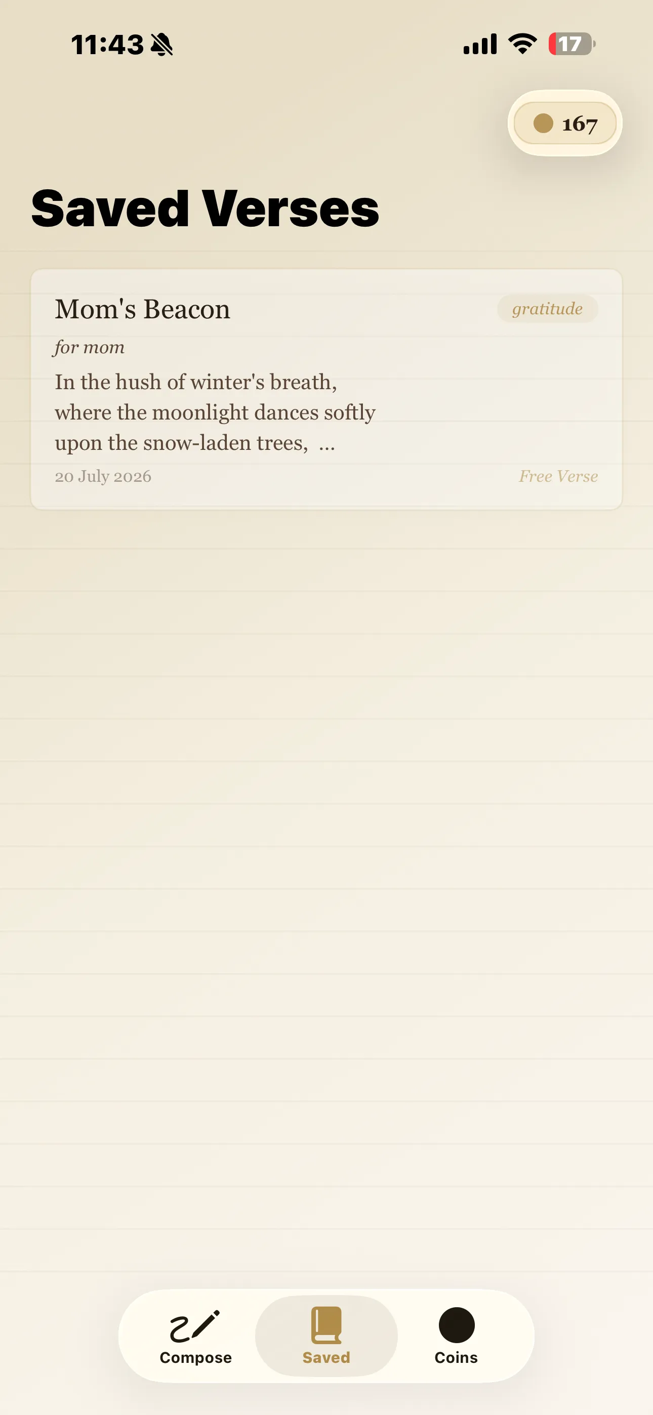 The Saved Verses list showing a poem titled Mom's Beacon tagged gratitude and Free Verse