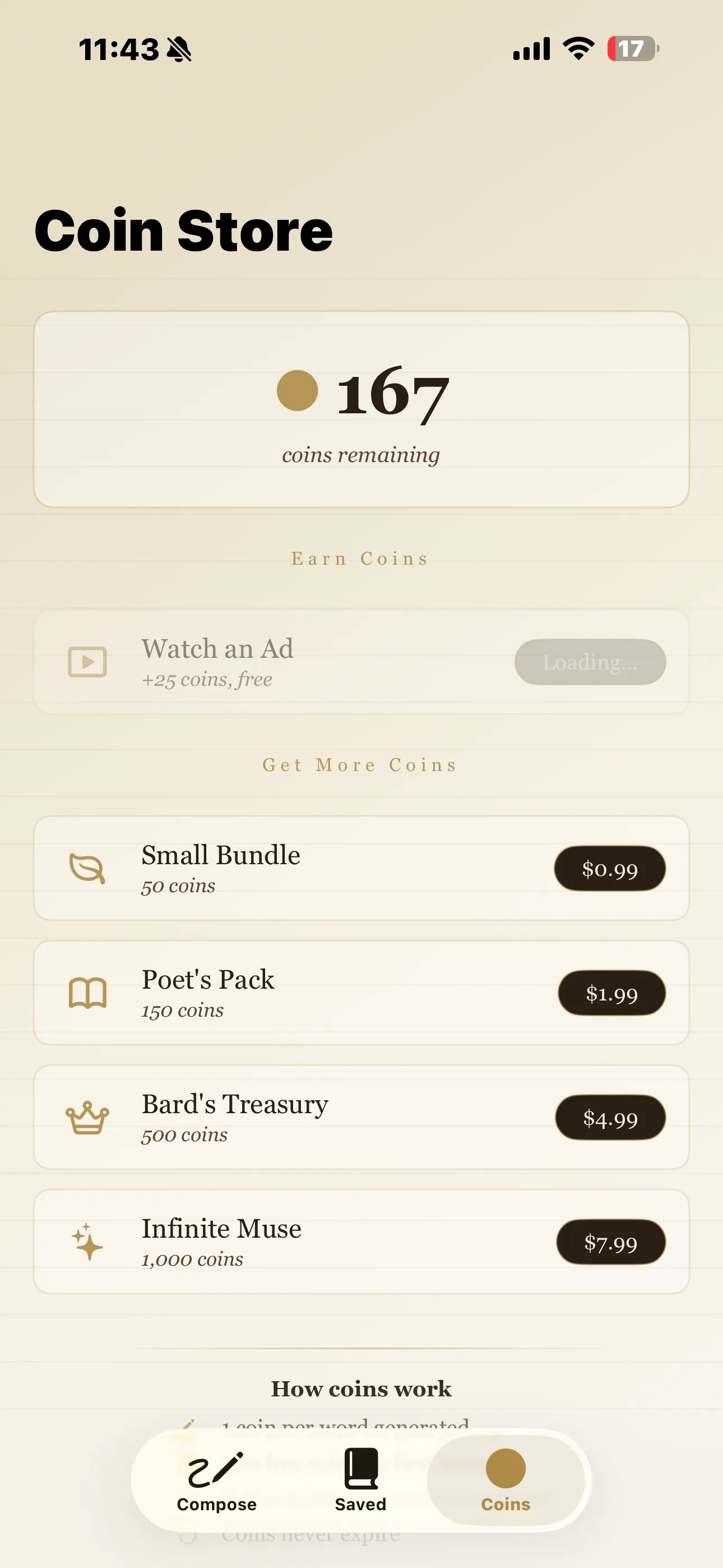 The Coin Store showing the coin balance, a watch-an-ad option for 25 free coins, and four coin bundles