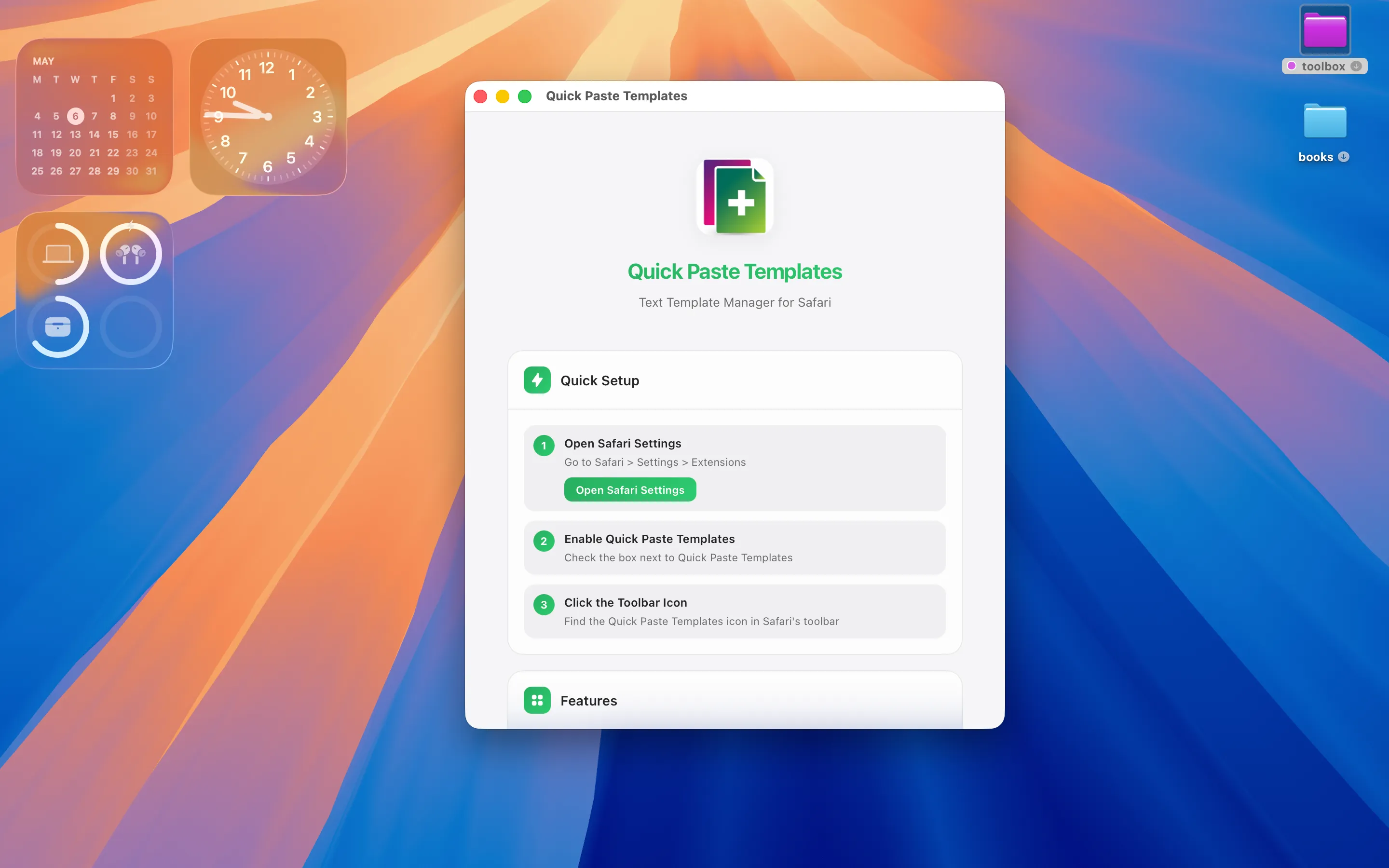 Quick Paste Templates Mac welcome window with Quick Setup steps for enabling the Safari extension