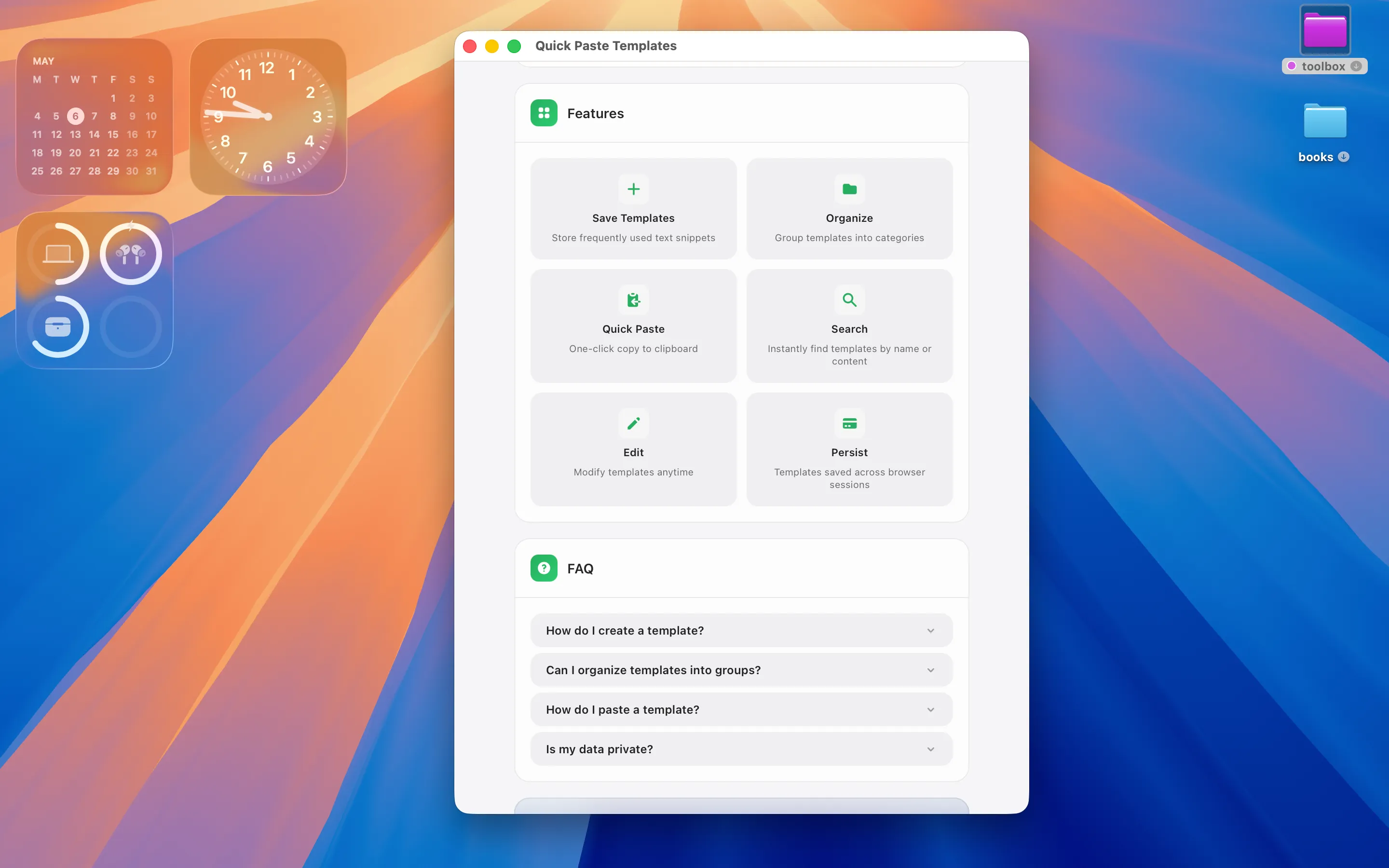 Quick Paste Templates Mac window showing the Features grid and FAQ section