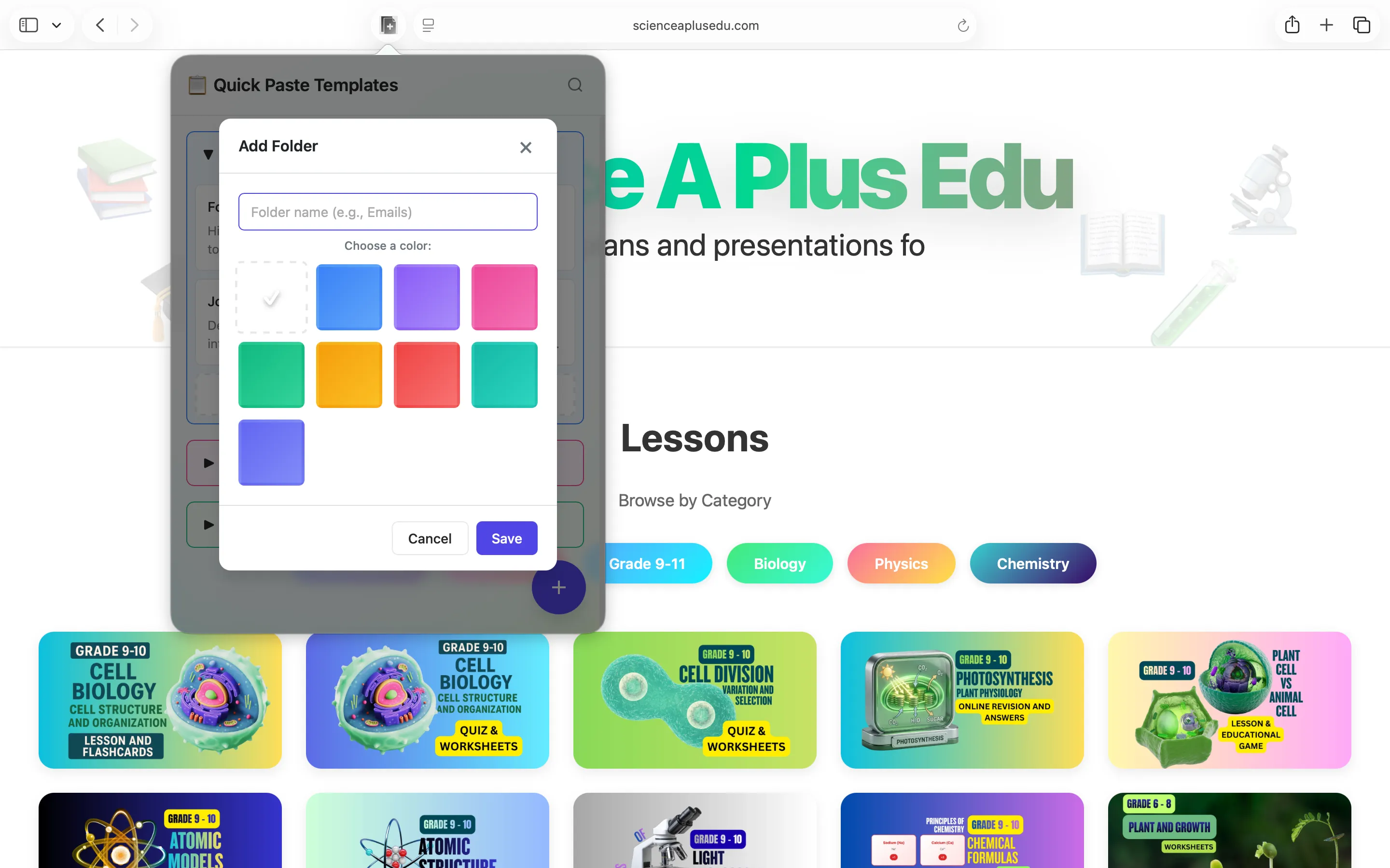 Add Folder modal in Quick Paste Templates with a name field and nine colour swatches