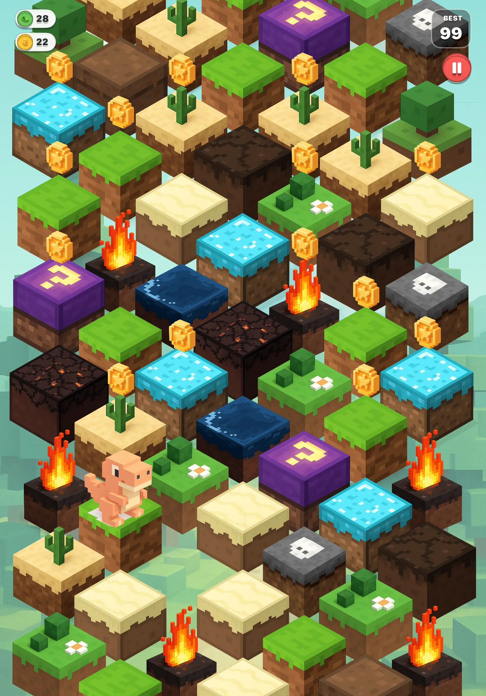 Runny Rex gameplay on iPad — a wide isometric grid with coins, fire, mystery blocks and deep water around Rex