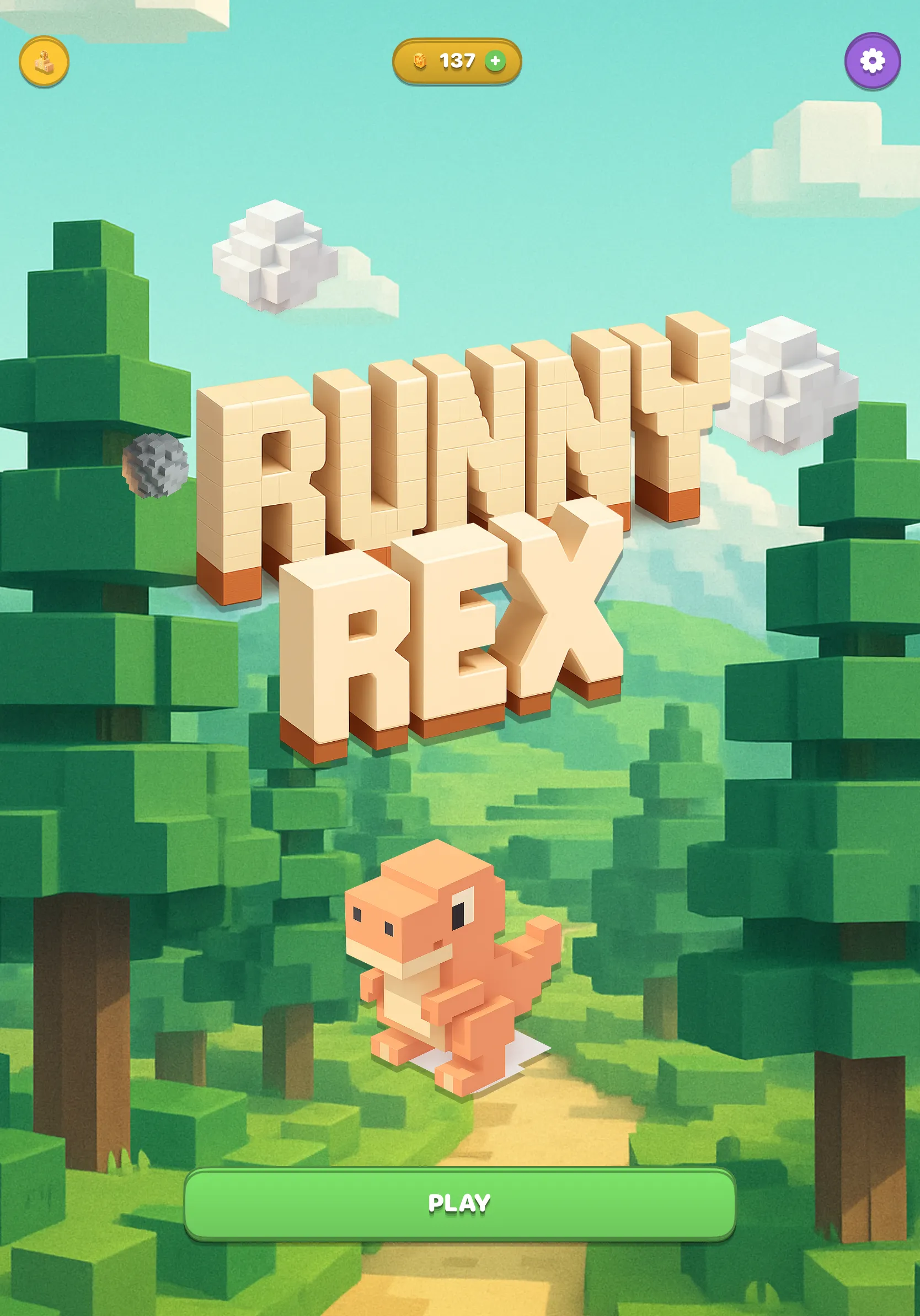 Runny Rex title screen on iPad — the voxel logo and T-Rex over a blocky forest