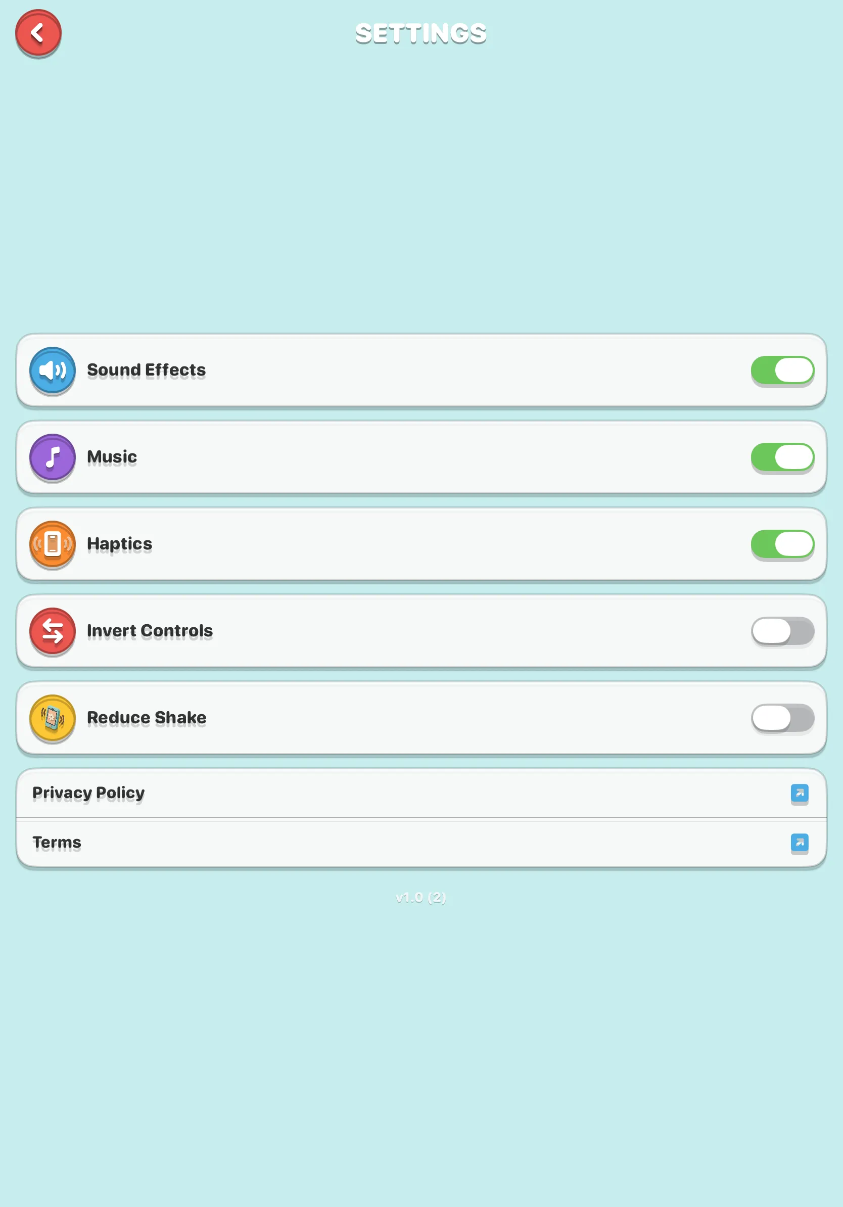 Settings on iPad — sound, music, haptics, invert controls and reduce shake toggles