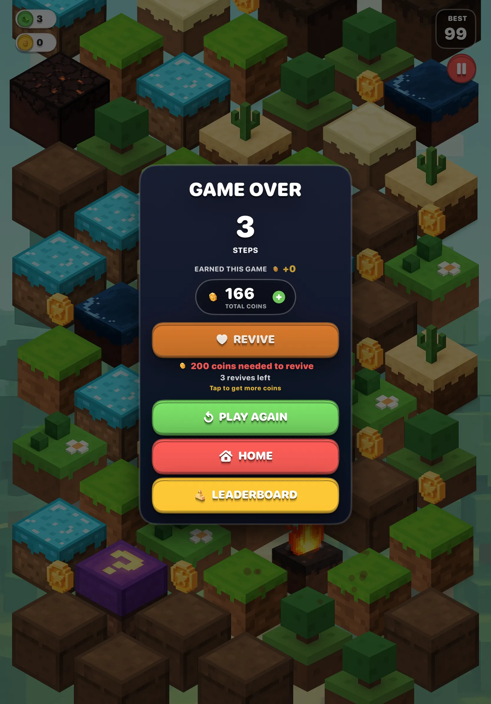 Game over screen on iPad — 3 steps, 166 total coins, Revive, Play Again, Home and Leaderboard buttons