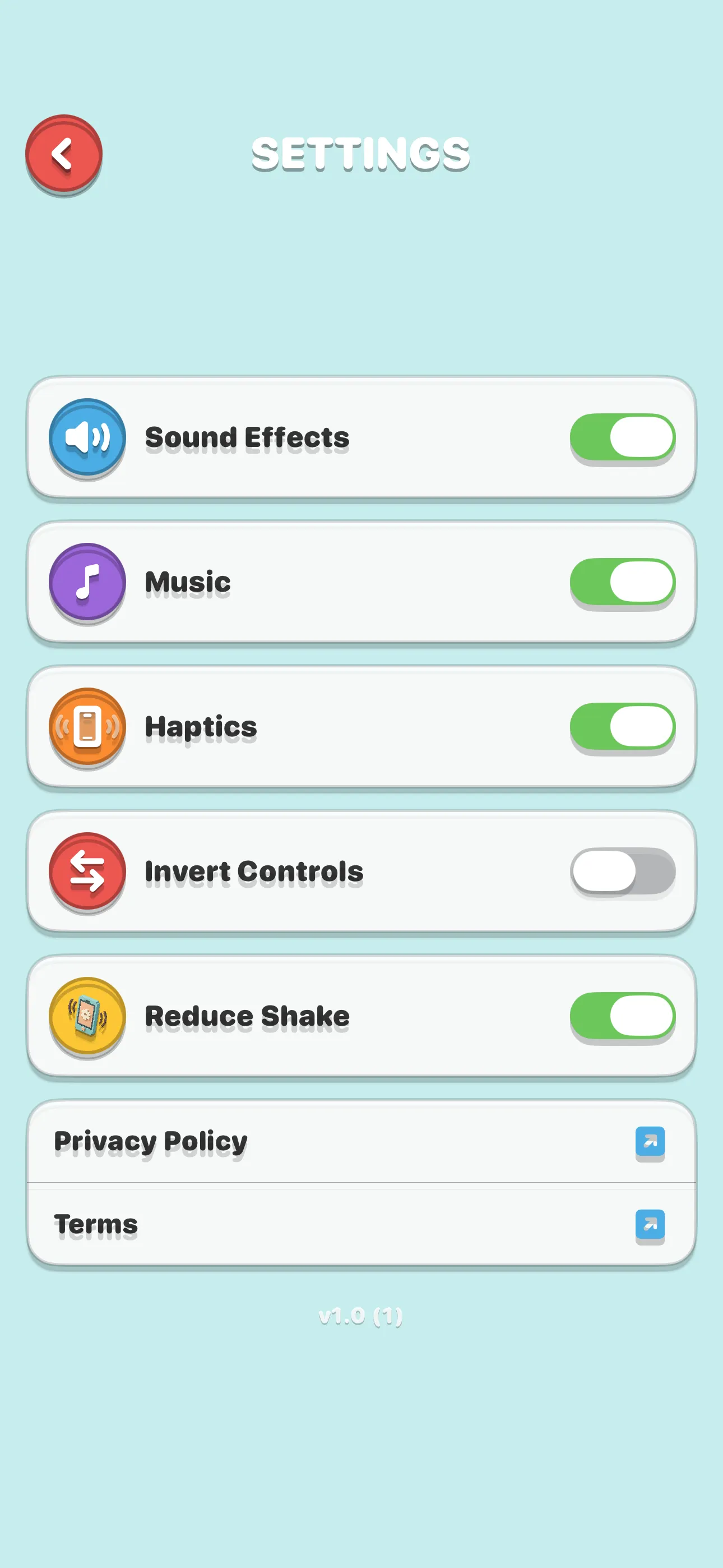 Settings on iPhone — Sound Effects, Music, Haptics, Invert Controls and Reduce Shake toggles with Privacy Policy and Terms links