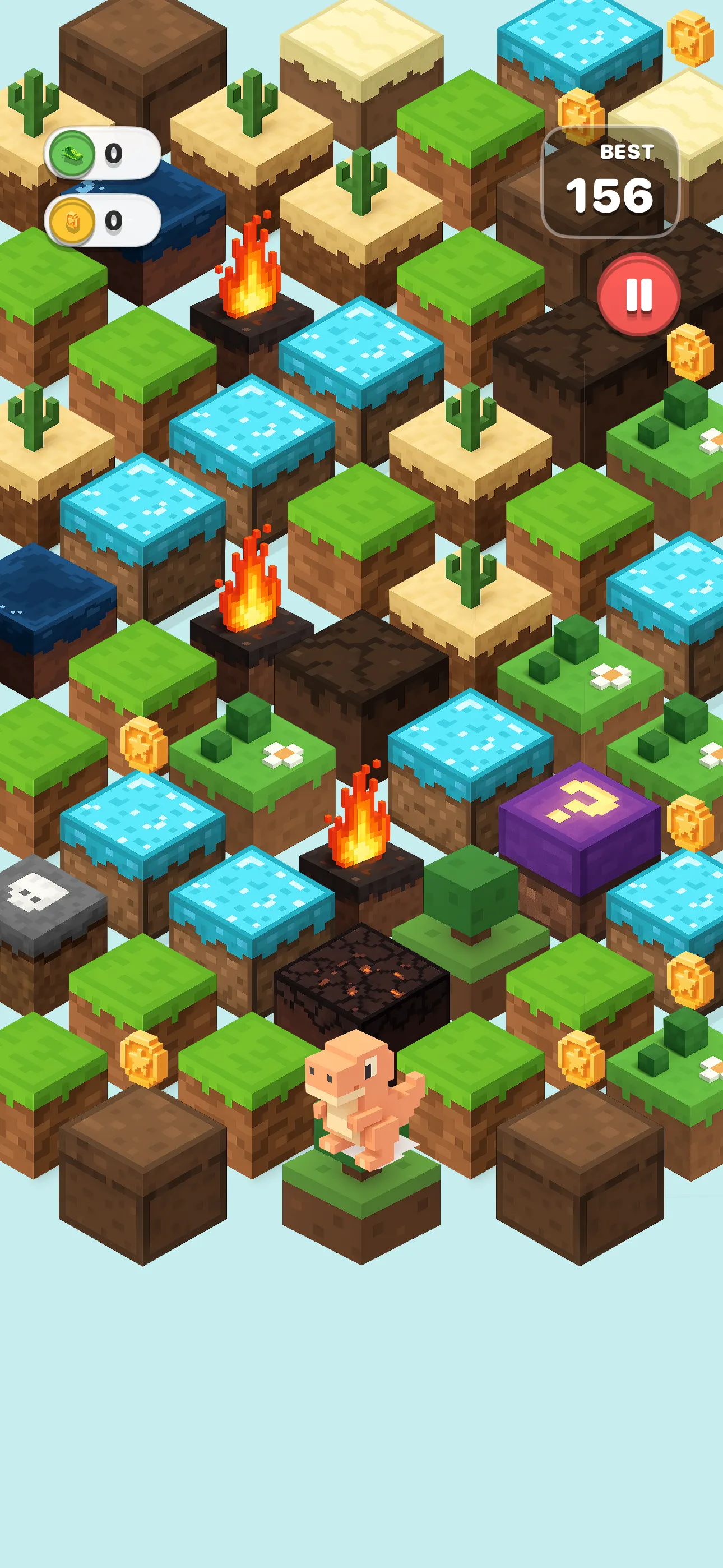 Runny Rex gameplay on iPhone — Rex hopping across an isometric grid of grass, water, fire and mystery tiles with a best score of 156