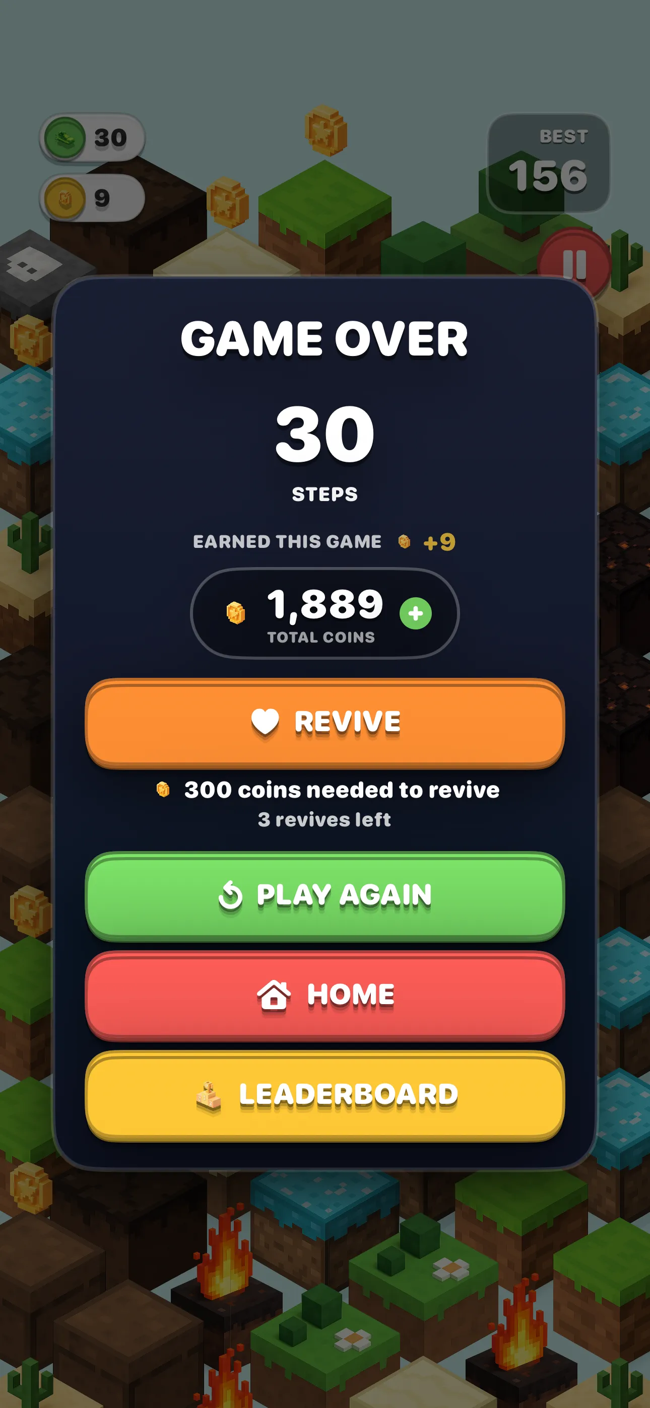 Game over screen on iPhone — 30 steps, 9 coins earned, with Revive for 300 coins, Play Again, Home and Leaderboard buttons