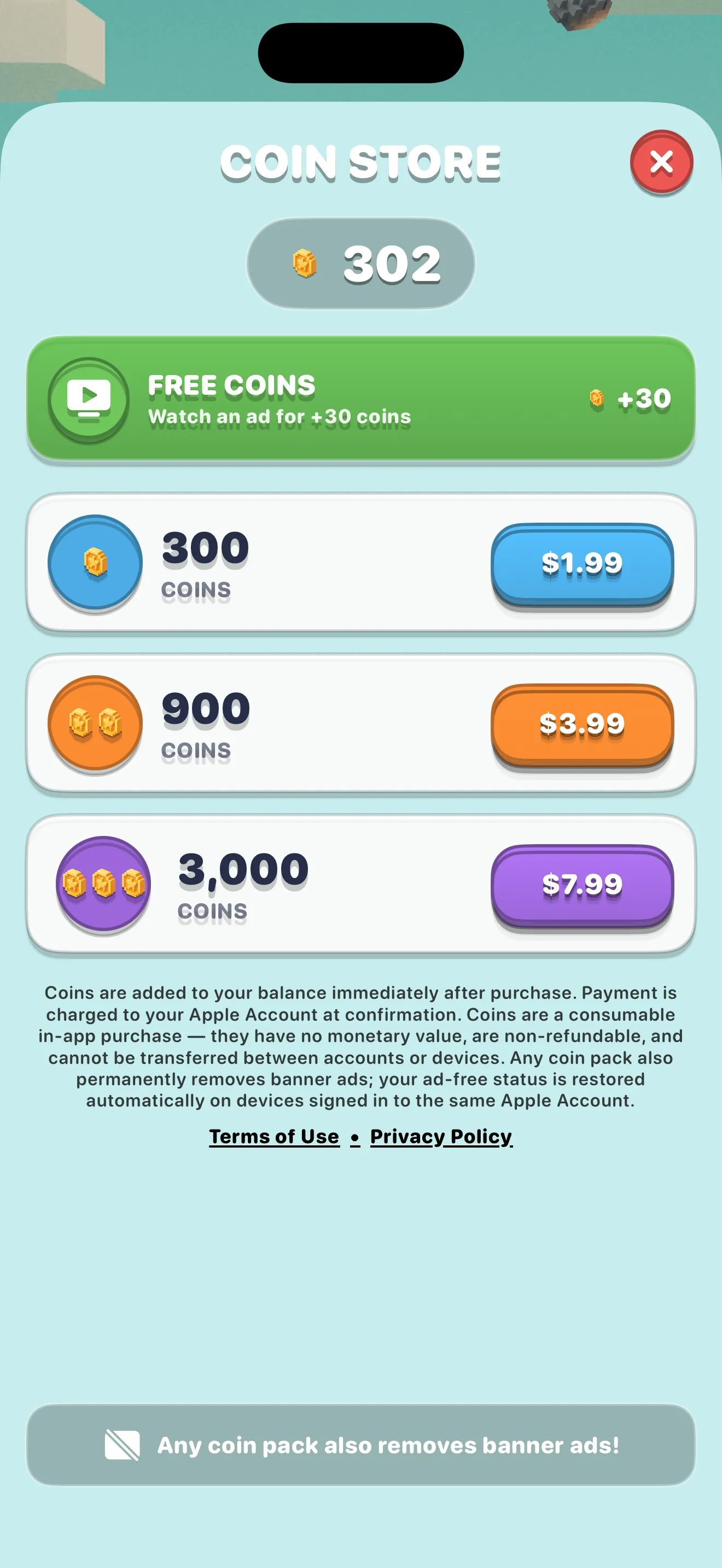 Coin store on iPhone — Free Coins rewarded ad card plus 300, 900 and 3,000 coin packs, each also removing banner ads