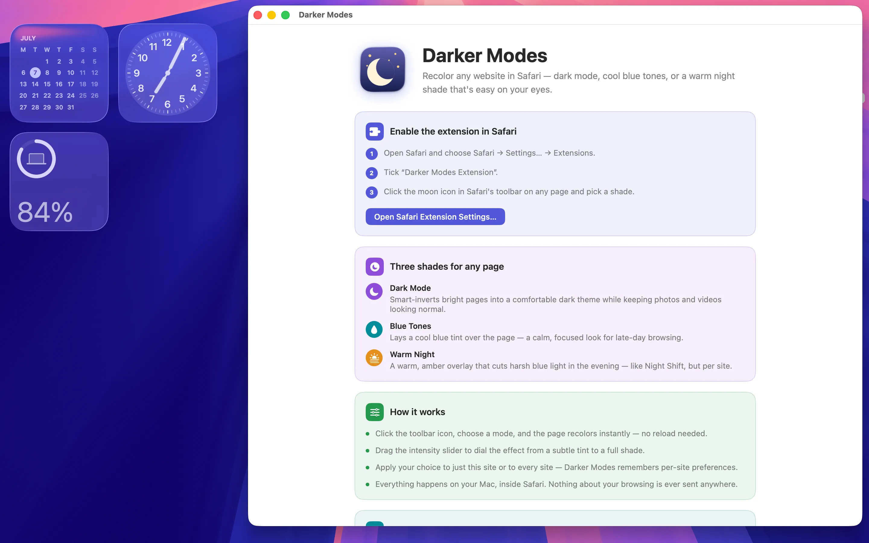 Darker Modes app window with instructions for enabling the extension in Safari and an overview of the three reading modes