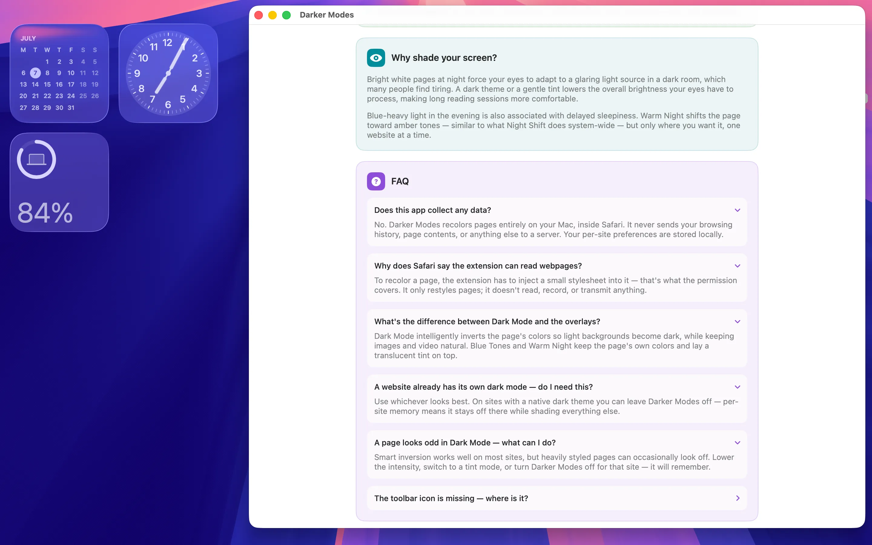 Darker Modes app window explaining why shading your screen helps and answering frequently asked questions