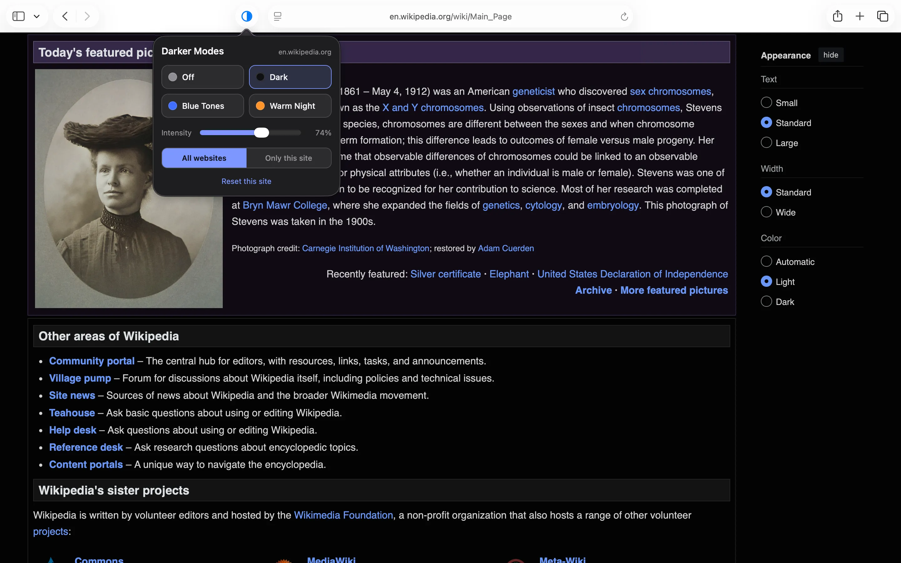 Darker Modes popup in Safari's toolbar with Dark Mode applied to Wikipedia, showing the intensity slider and all-websites scope