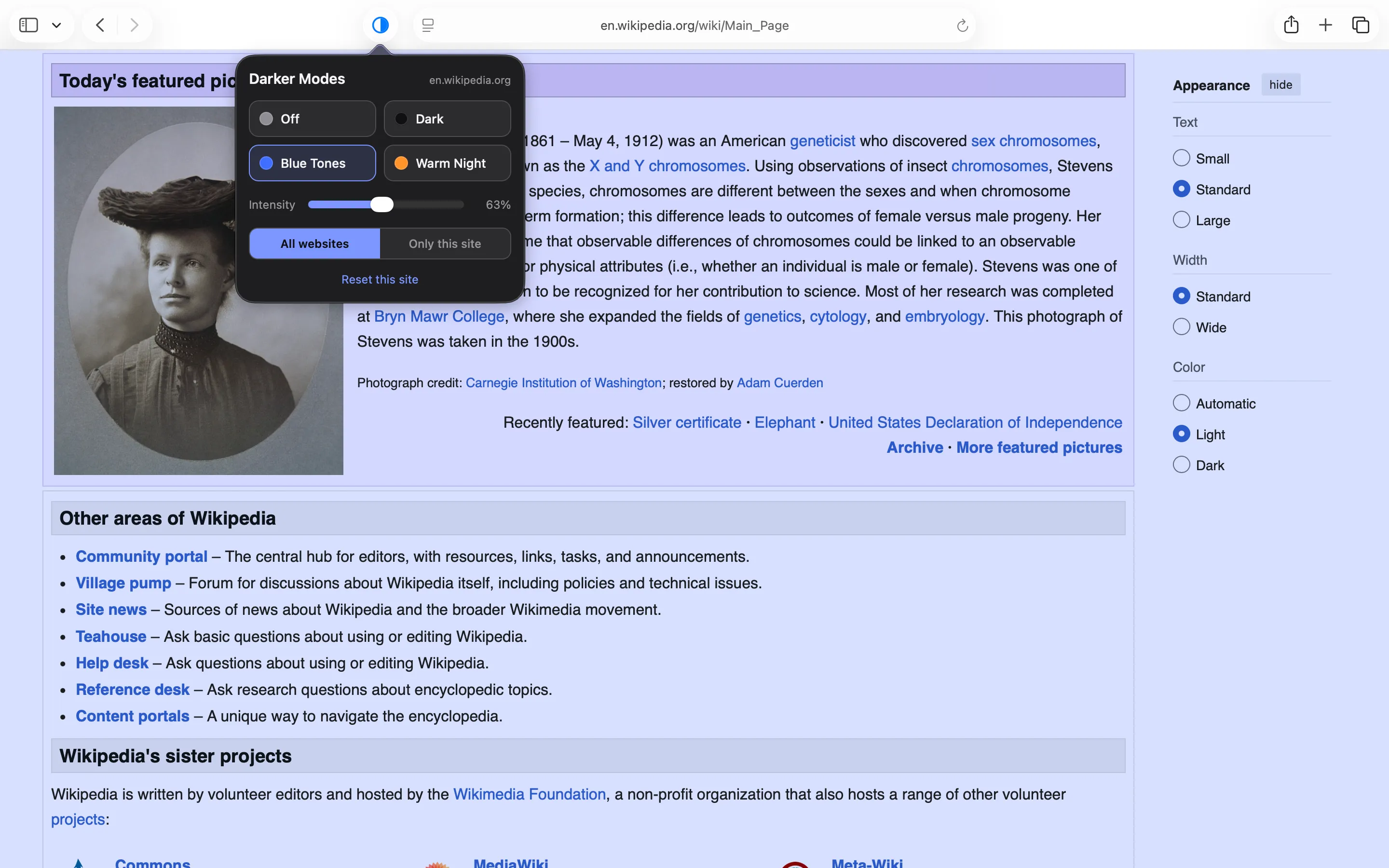 Darker Modes popup showing Blue Tones applied to Wikipedia with the intensity slider set partway