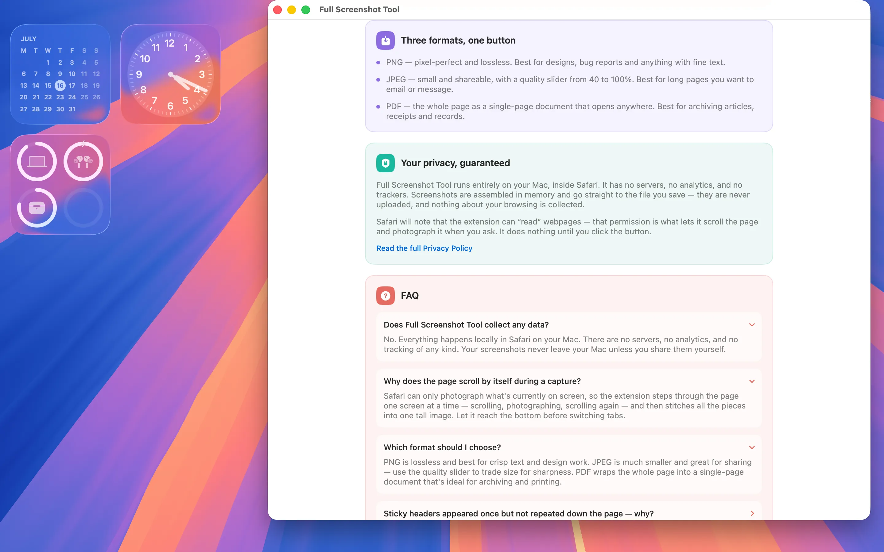 The Full Screenshot Tool Mac app window explaining the three export formats, its privacy guarantee, and frequently asked questions