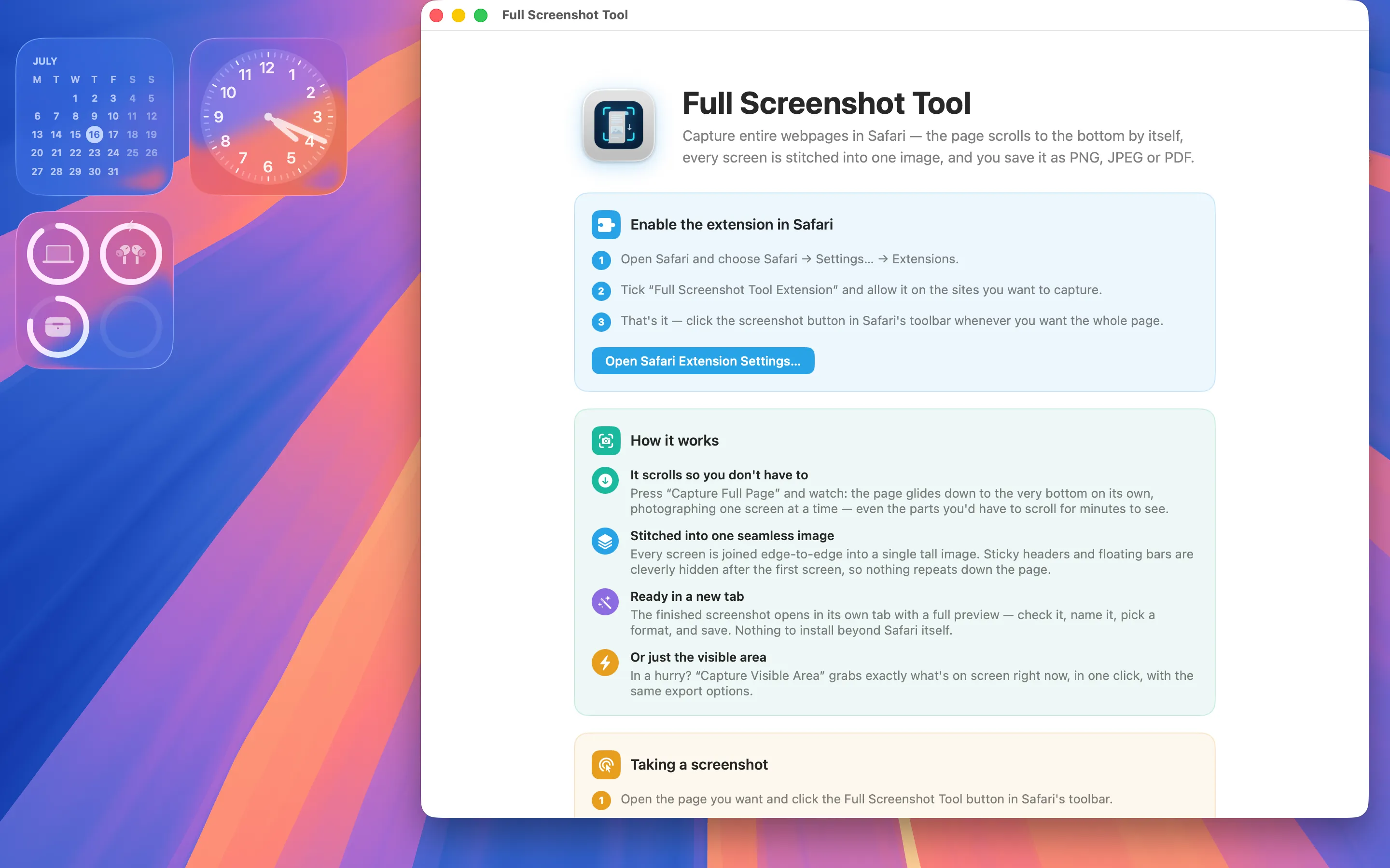 The Full Screenshot Tool Mac app window showing steps to enable the extension in Safari and a How it works overview