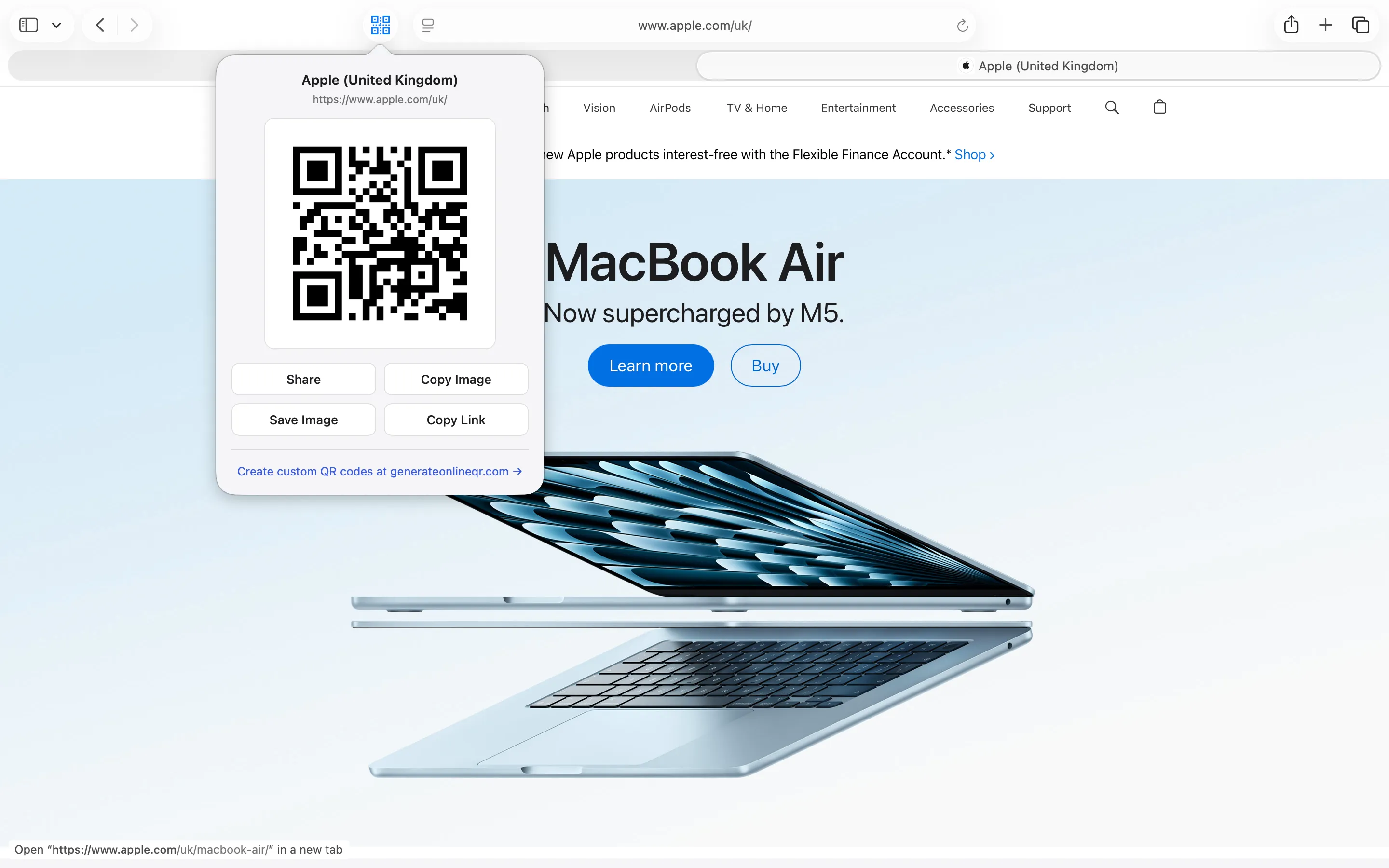 Tab to QR popup in Safari's toolbar showing a QR code for the current page with Share, Copy Image, Save Image, and Copy Link buttons