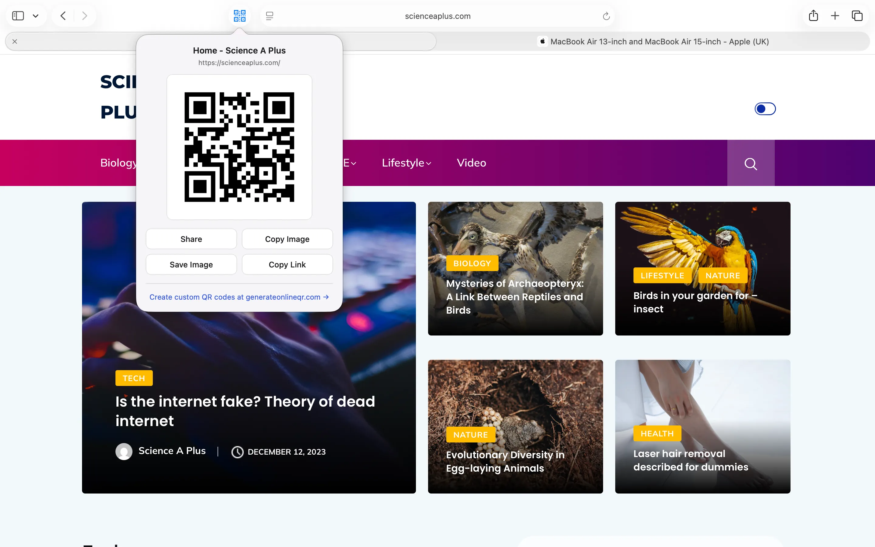 Tab to QR popup showing a QR code generated for a different website, with Share, Copy Image, Save Image, and Copy Link buttons