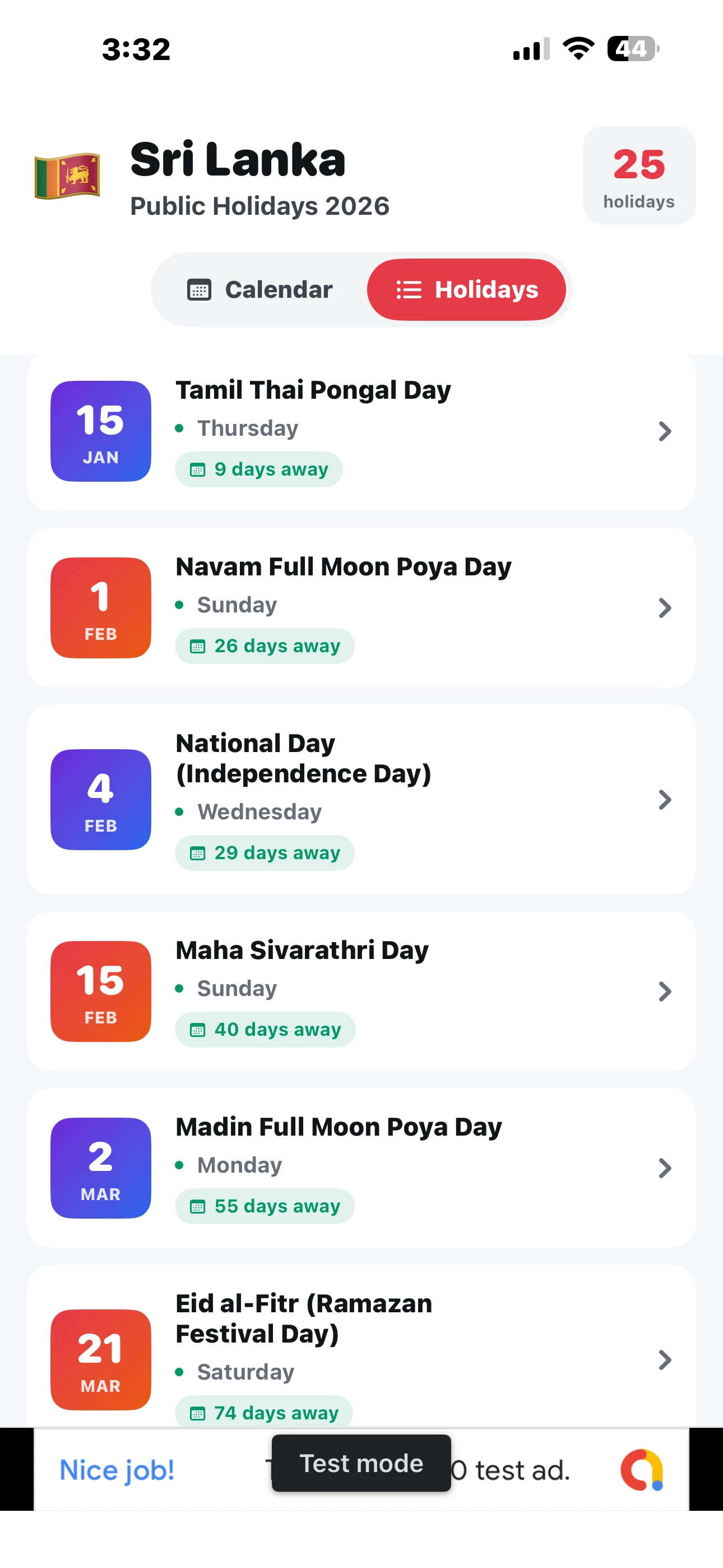 Holidays List with Countdown