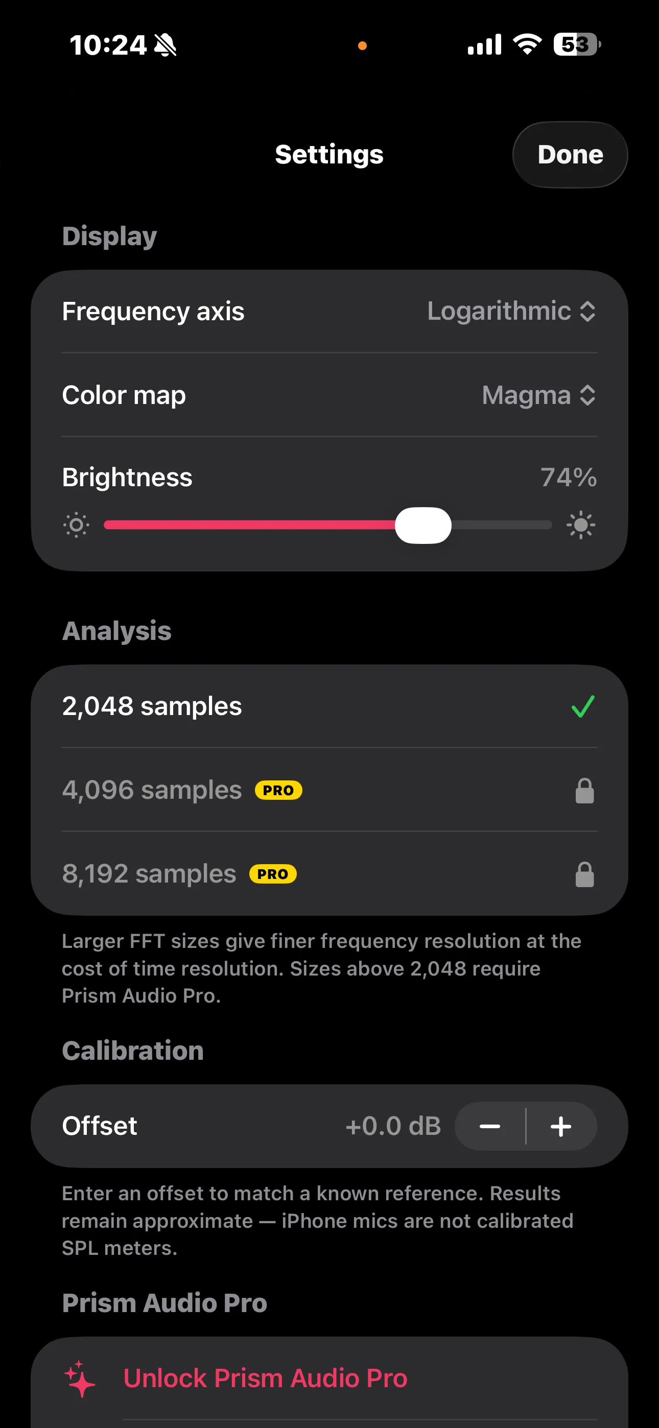 Settings — frequency axis, color map, FFT size, calibration